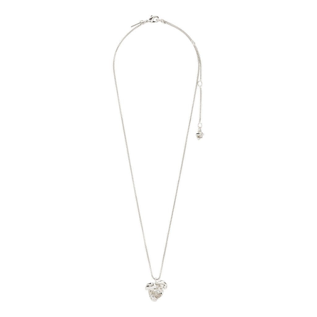 Silver-plated LUIS necklace featuring a sleek box chain and abstract flower pendant, adjustable 38 cm with 9 cm extension, crafted from recycled materials by Pilgrim.