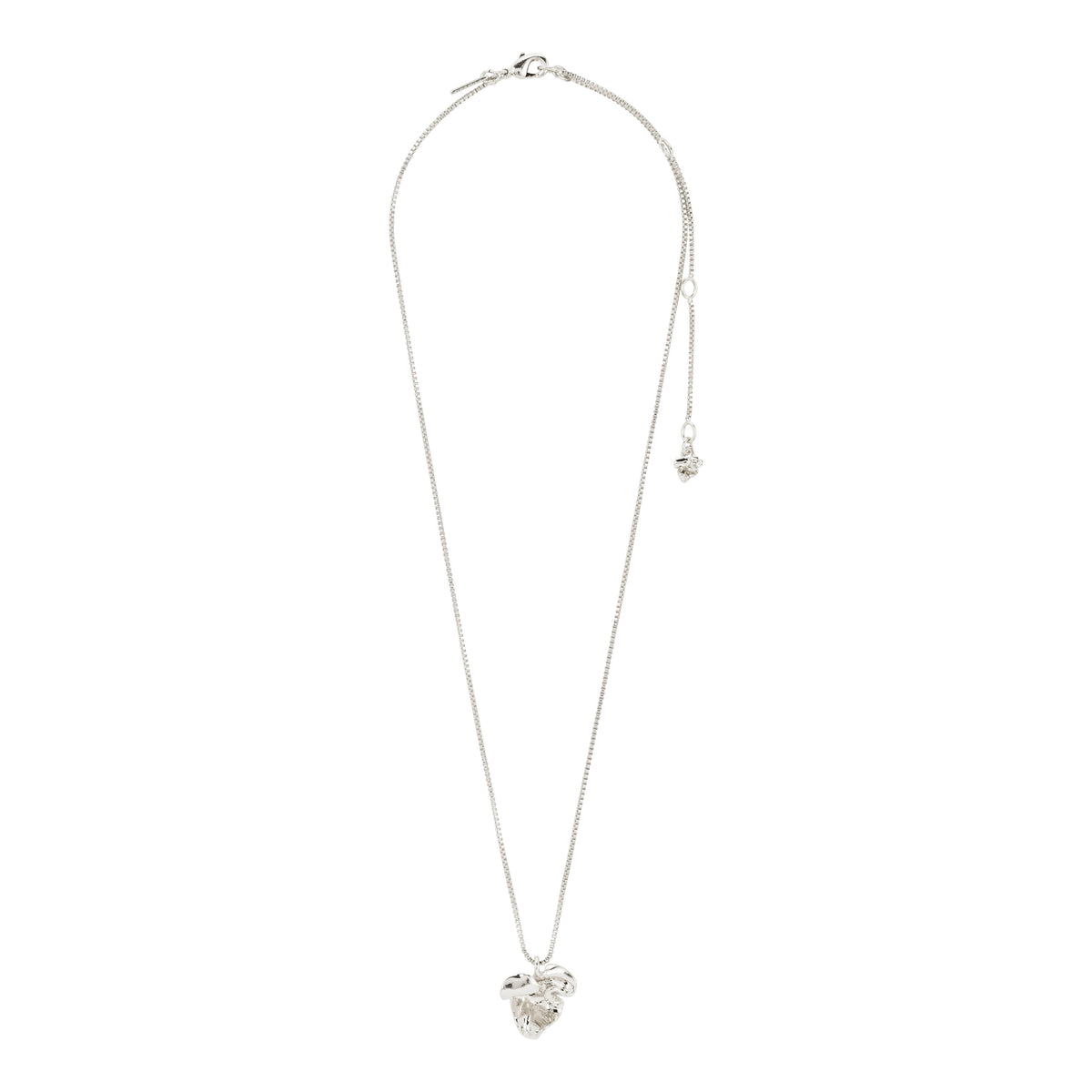 Silver-plated LUIS necklace featuring a sleek box chain and abstract flower pendant, adjustable 38 cm with 9 cm extension, crafted from recycled materials by Pilgrim.