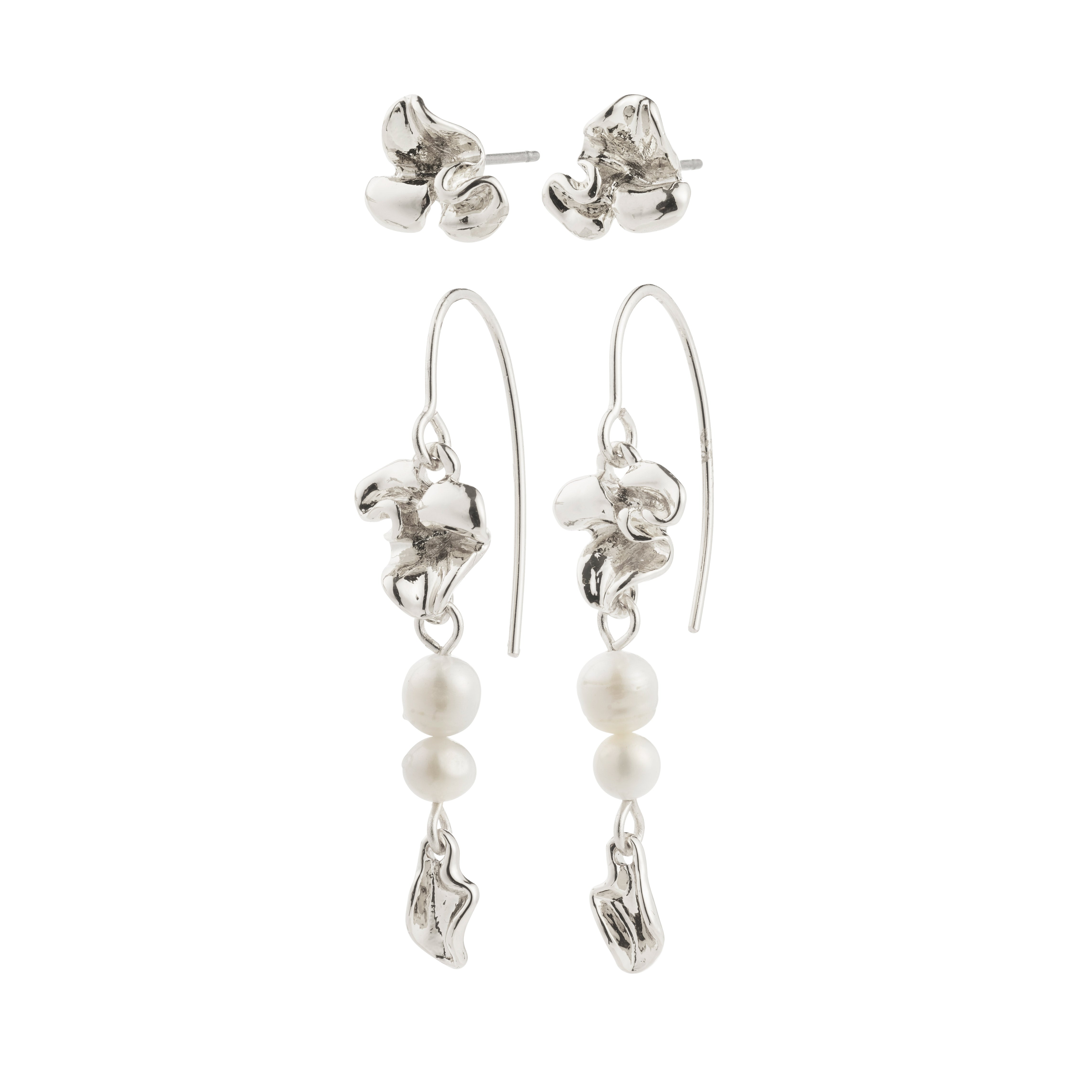 LUIS earrings 2-in-1 set, silver-plated, features floral studs and pearl dangles, perfect for a boho-chic look. Crafted from 94% recycled material.