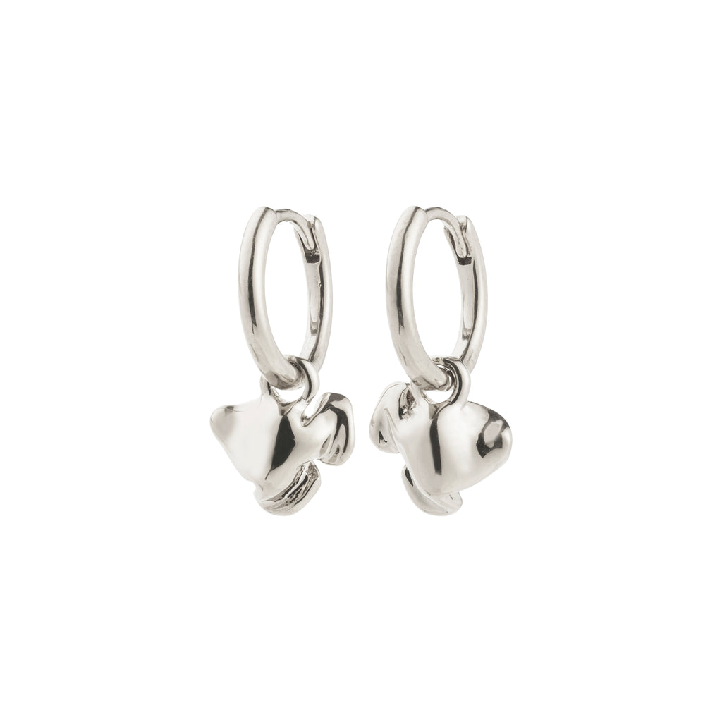 LUIS earrings: Silver-plated hoops with abstract flower pendants, offering versatile style options. Made from 99% recycled material for a sustainable, chic look.