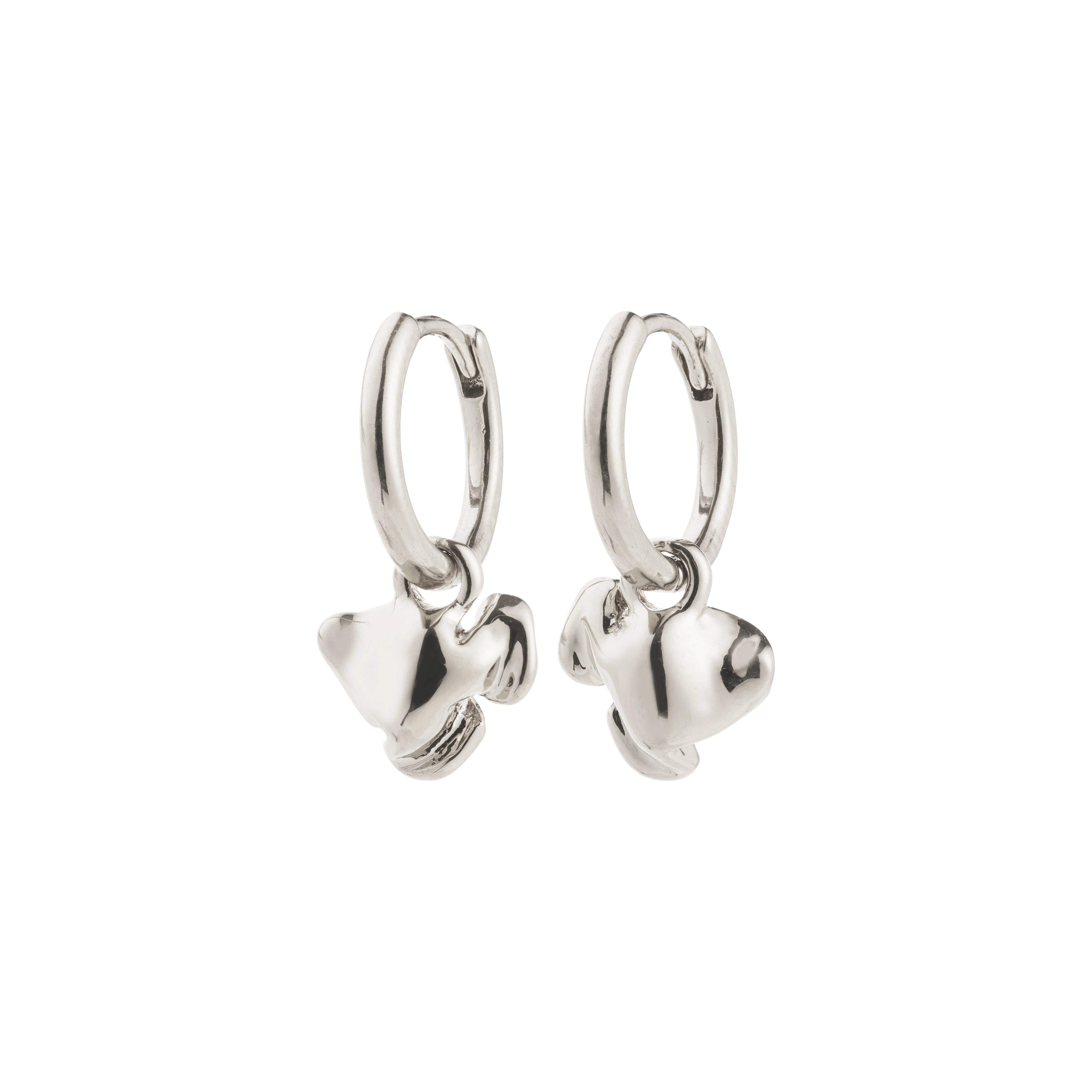 LUIS earrings: Silver-plated hoops with abstract flower pendants, offering versatile style options. Made from 99% recycled material for a sustainable, chic look.