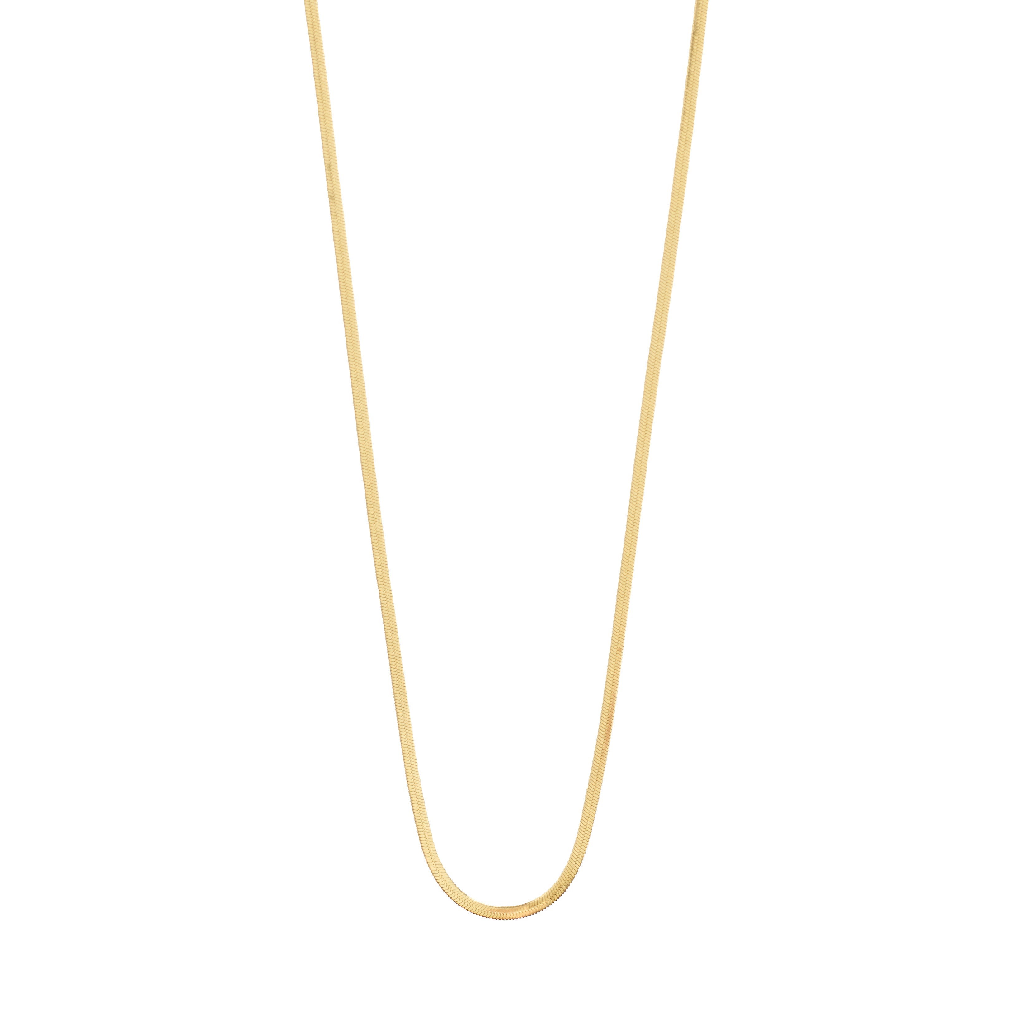 NIKITA necklace gold-plated, a flat herringbone chain, elegantly drapes in a U-shape, showcasing its chic, adjustable design against a white backdrop.