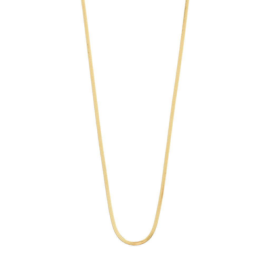 NIKITA necklace gold-plated, a flat herringbone chain, elegantly drapes in a U-shape, showcasing its chic, adjustable design against a white backdrop.
