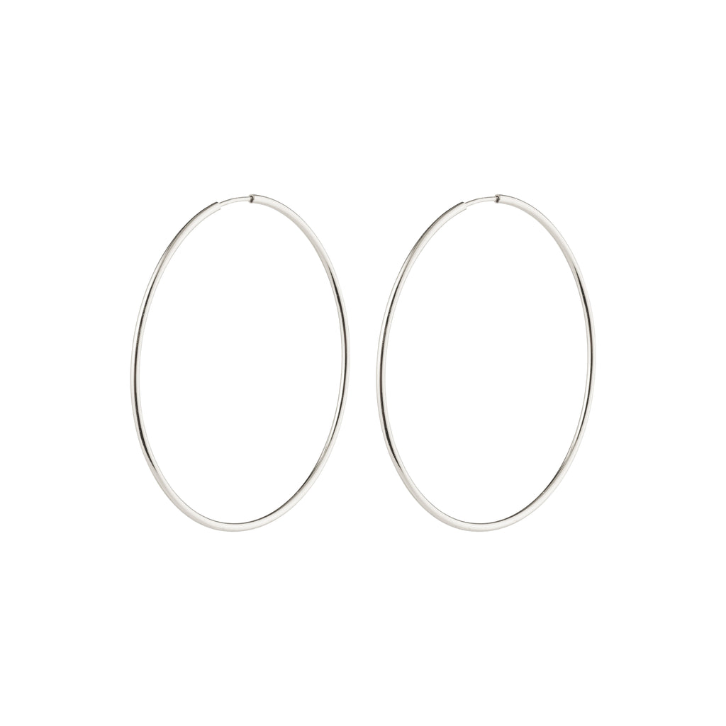 SANNE large hoop earrings, silver-plated, 45 mm, on white background; classic design ideal for everyday wear, embodying Pilgrim's blend of timeless elegance and Scandinavian craftsmanship.