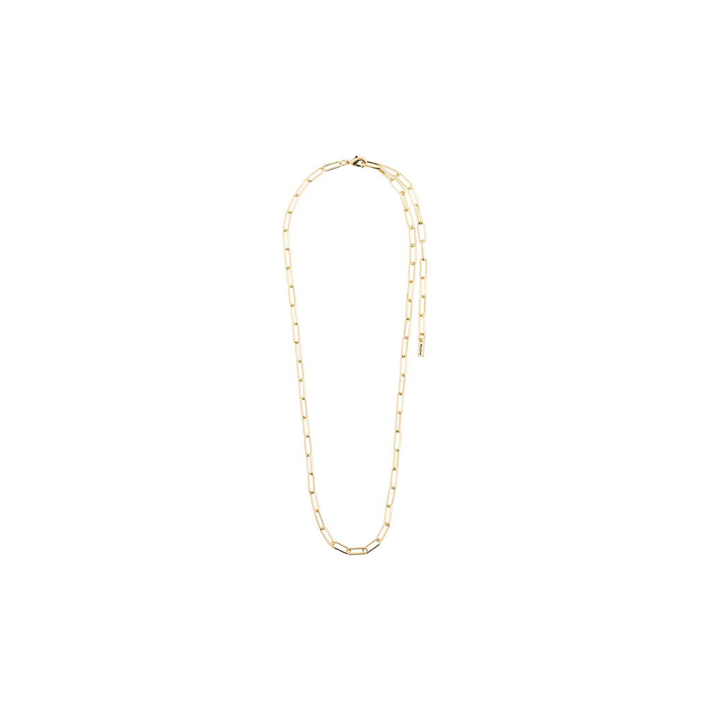 RONJA necklace gold-plated featuring elongated rectangular links, showcasing a modern interpretation of classic design on a white background.
