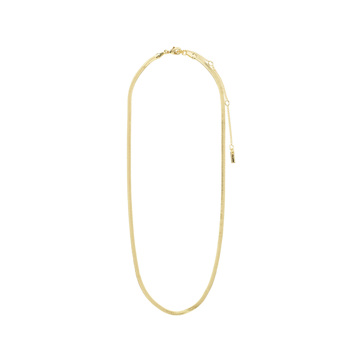 JOANNA flat snake chain necklace, gold-plated, displayed on a white background, showcasing its sleek, timeless design for versatile, high-class styling. Measures 40 + 9 cm.