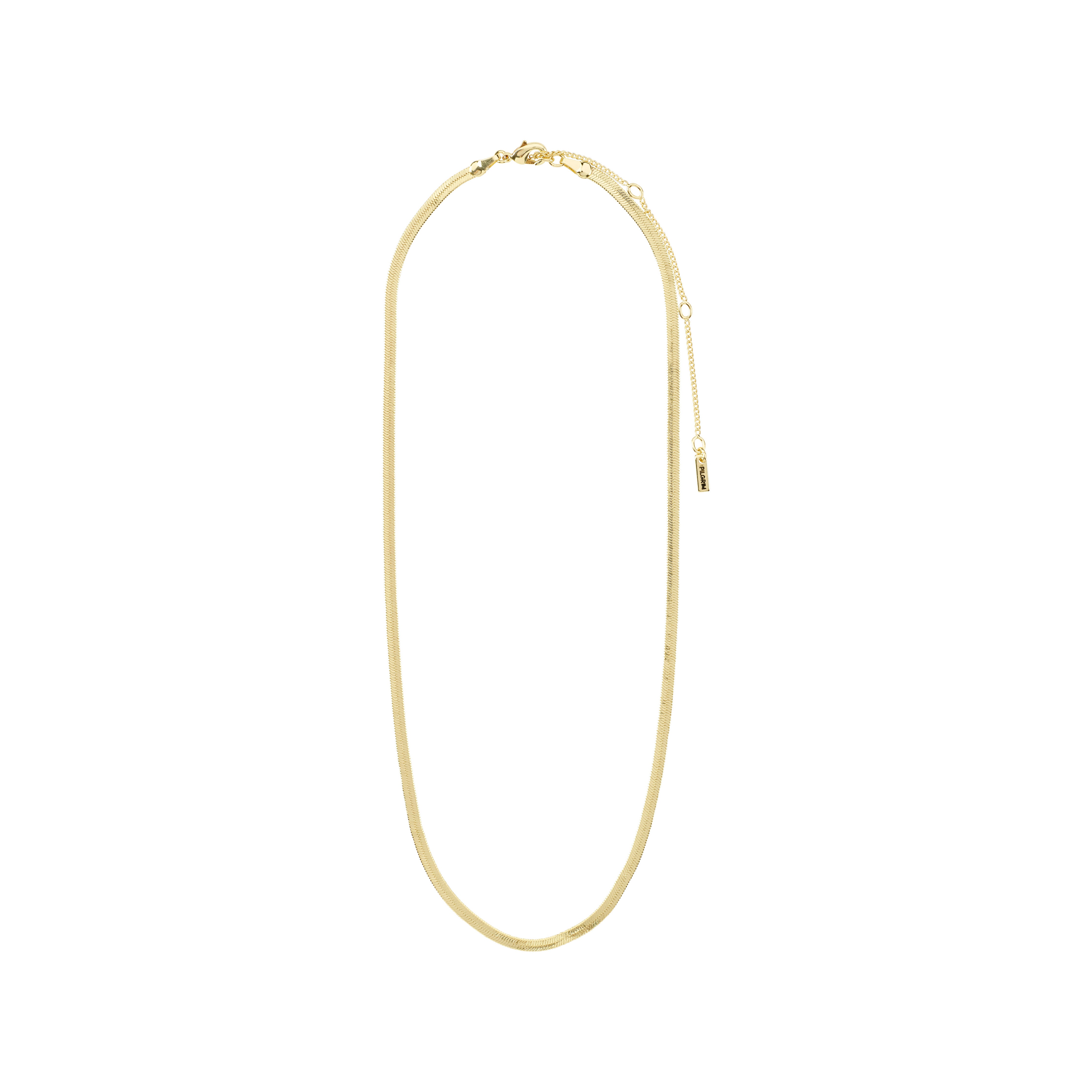JOANNA flat snake chain necklace, gold-plated, displayed on a white background, showcasing its sleek, timeless design for versatile, high-class styling. Measures 40 + 9 cm.