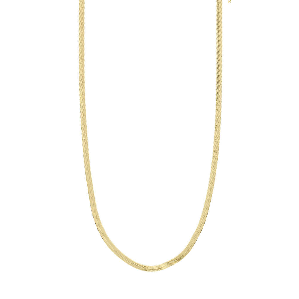 JOANNA flat snake chain necklace gold-plated, a timeless unisex piece from Pilgrim, featuring an elegant design perfect for both casual and exclusive attire. Measures 40 + 9 cm.