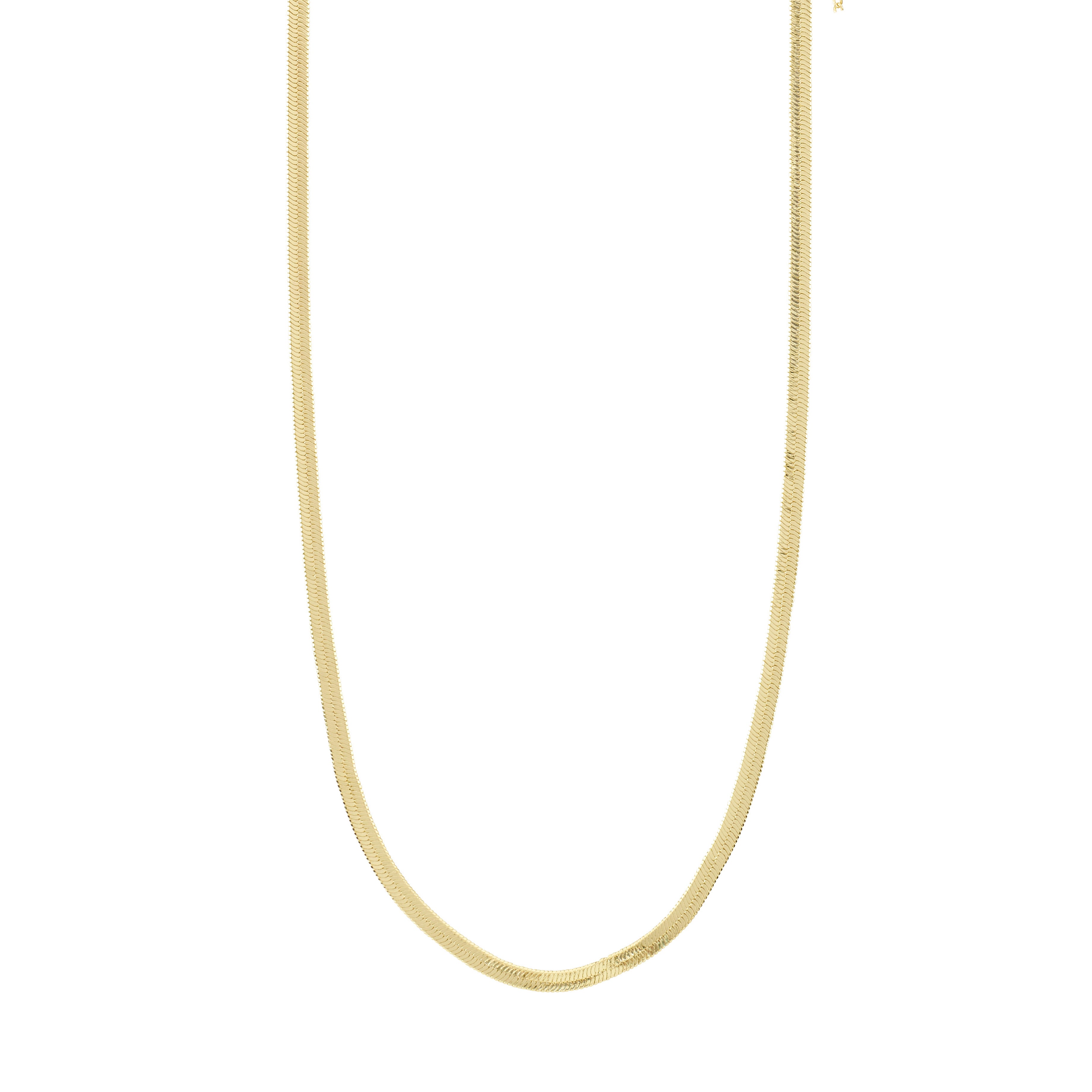JOANNA flat snake chain necklace gold-plated, a timeless unisex piece from Pilgrim, featuring an elegant design perfect for both casual and exclusive attire. Measures 40 + 9 cm.