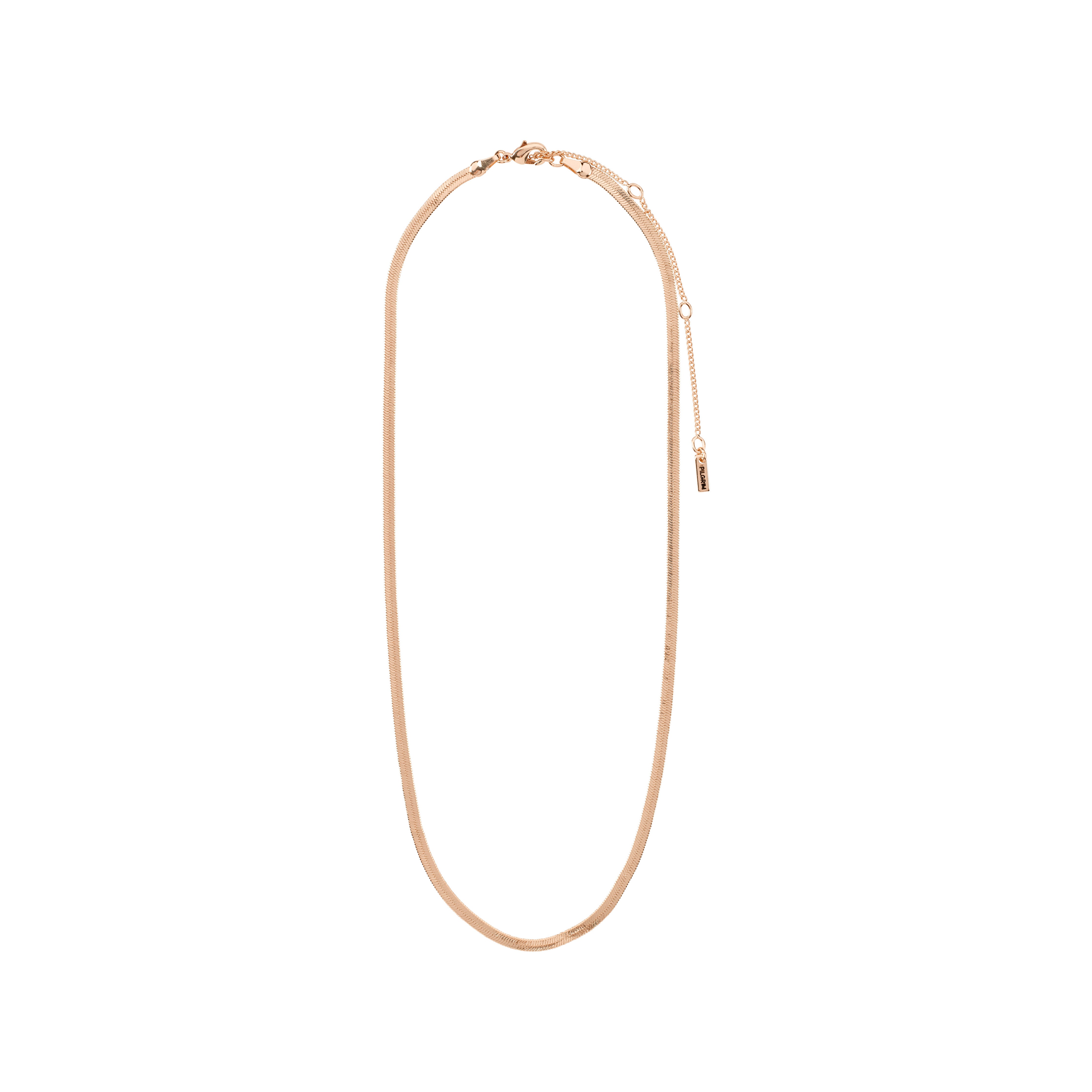 JOANNA flat snake chain necklace, rose gold-plated, on a white background; an urban-inspired, feminine accessory perfect for adding a twist to everyday outfits.
