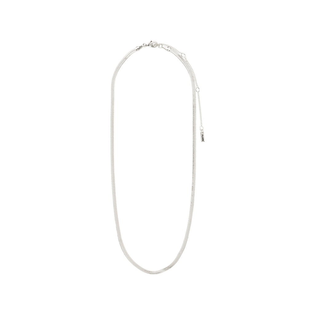 JOANNA flat snake chain necklace, silver-plated, minimalist design, features a solid flat chain with a 9 cm extension, ideal for everyday wear.