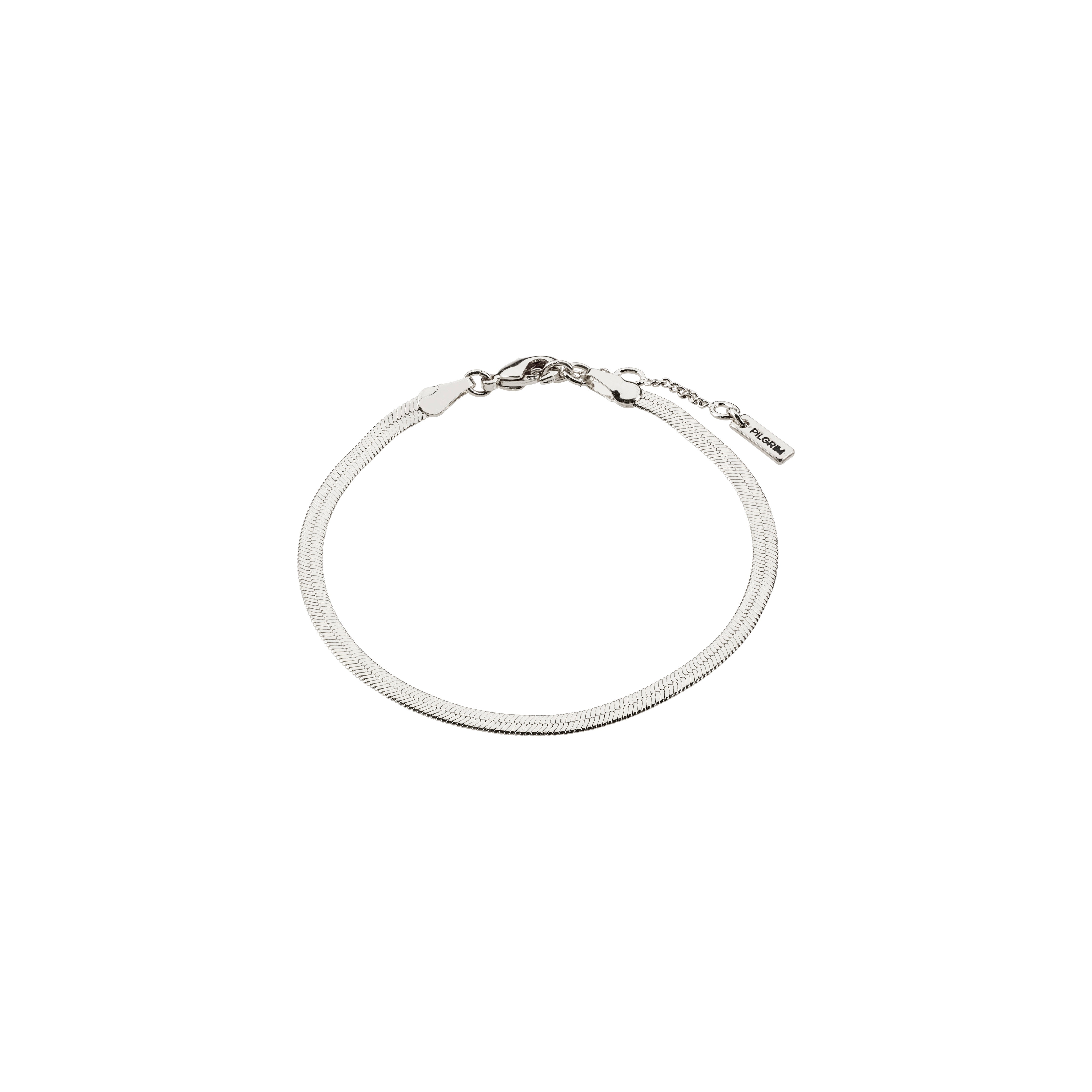 JOANNA flat snake chain bracelet, silver-plated with a stylish Pilgrim tag and extension chain, showcasing a classic design perfect for everyday wear.