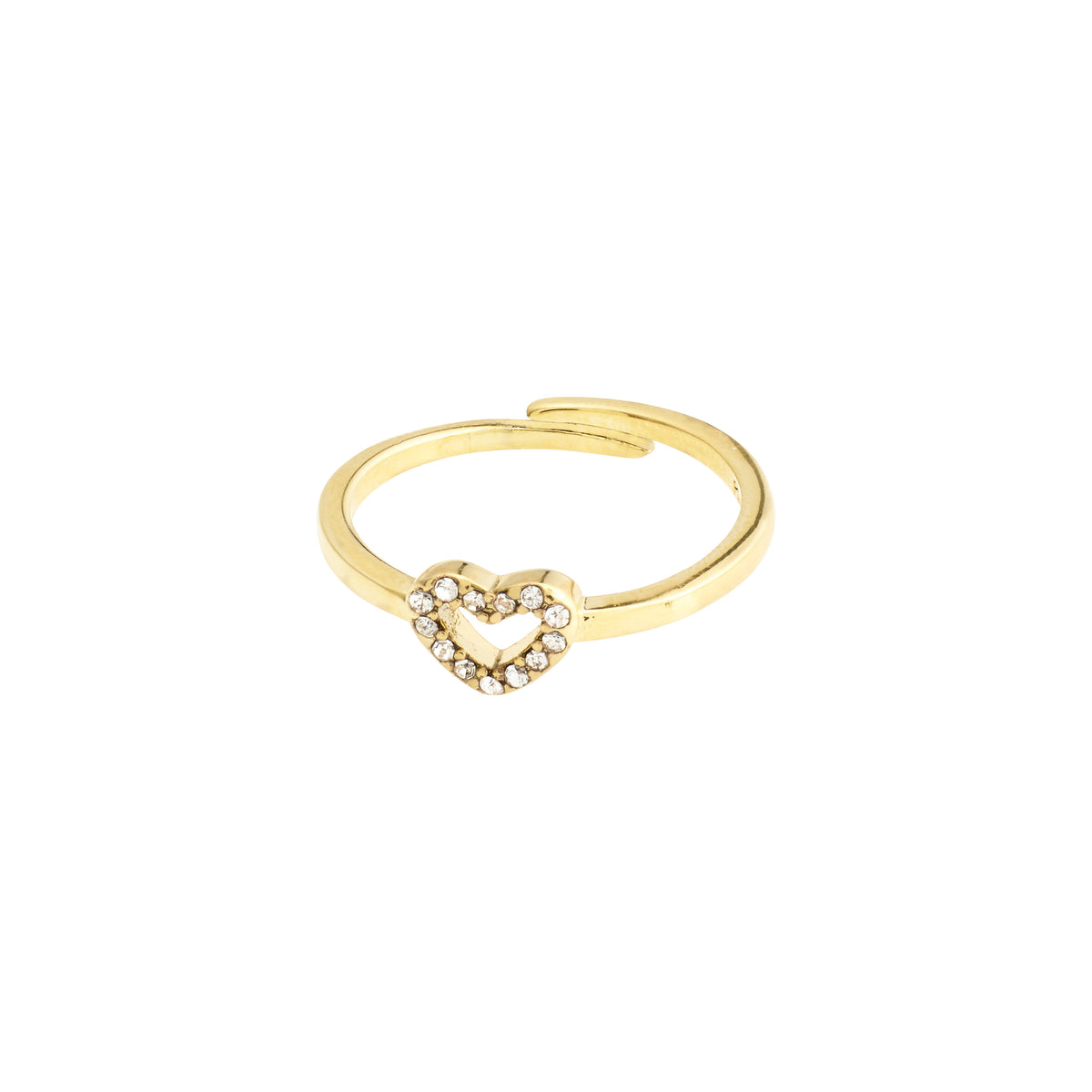 Gold-plated LULU crystal heart stack ring from Pilgrim, featuring a heart-shaped design with diamond accents, perfect for layering and adding romantic sparkle.