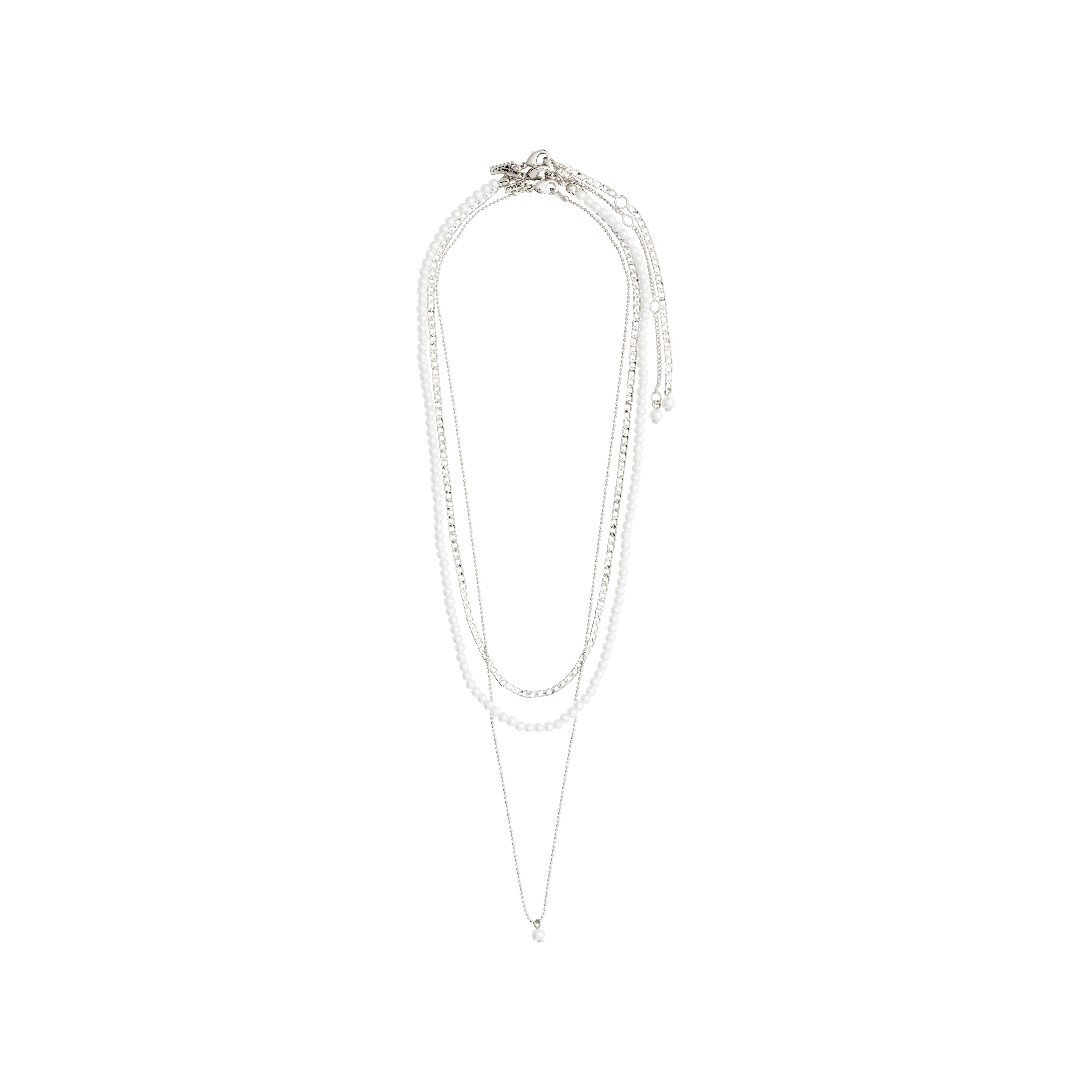BAKER necklace 3-in-1 set silver-plated features a stylish combination of a pearl chain, curb chain, and ball chain with a pearl pendant.