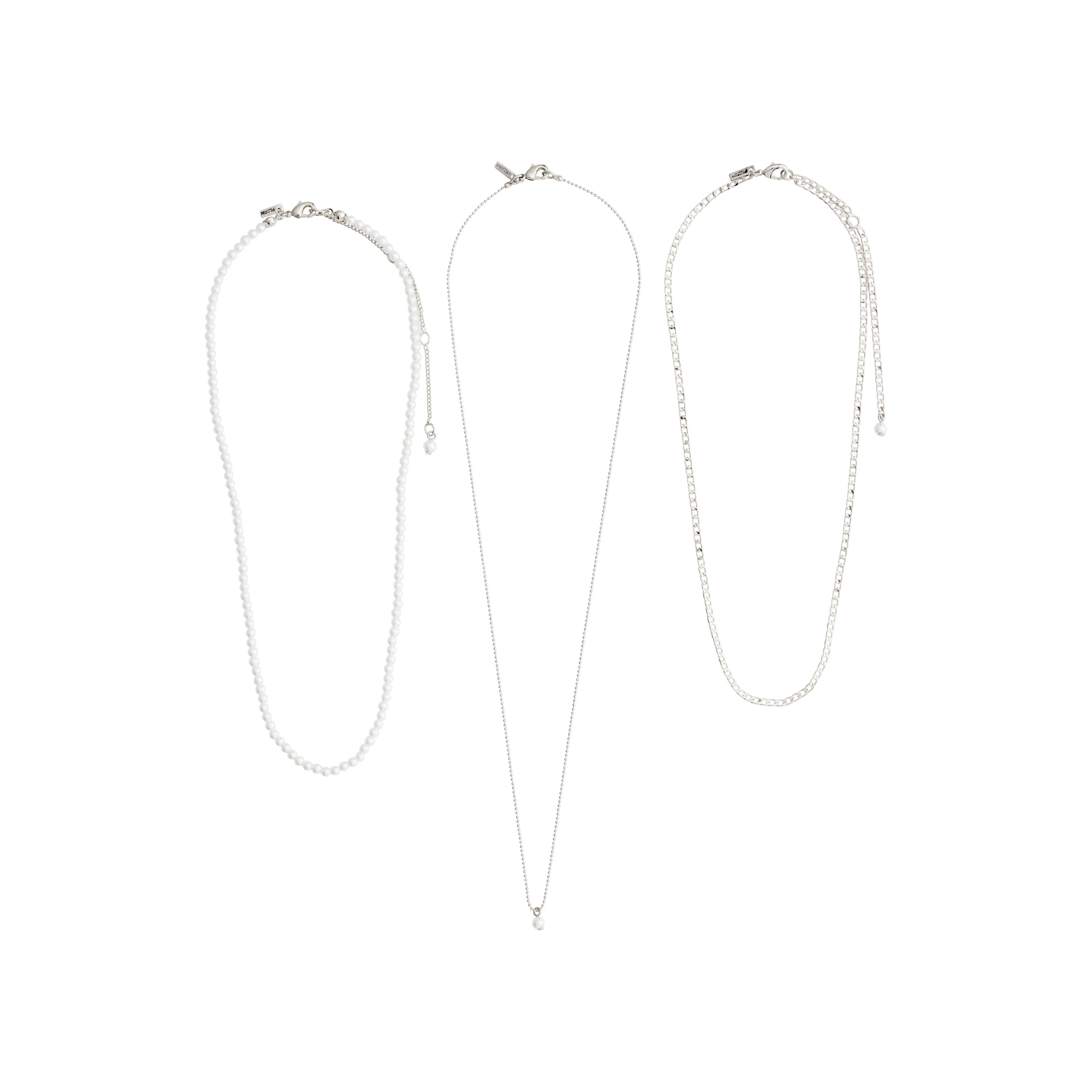 BAKER necklace 3-in-1 set silver-plated with classy pearls, cool curb chain, and trendy ball chain, displayed on a white background.