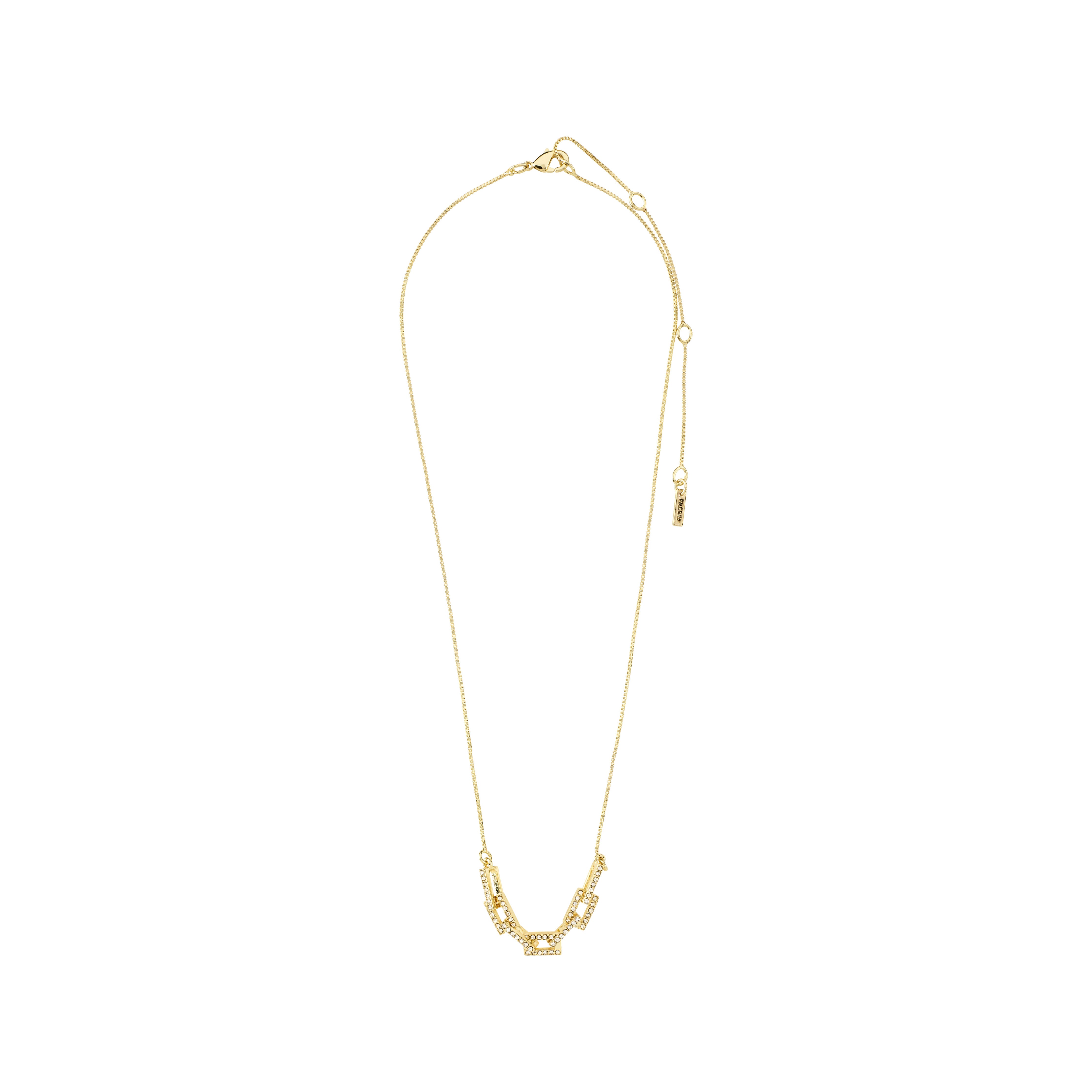 COBY crystal pendant necklace gold-plated from Pilgrim, featuring a rectangular link pendant with Preciosa crystals on a recycled chain, measuring 38 cm plus 9 cm extension.