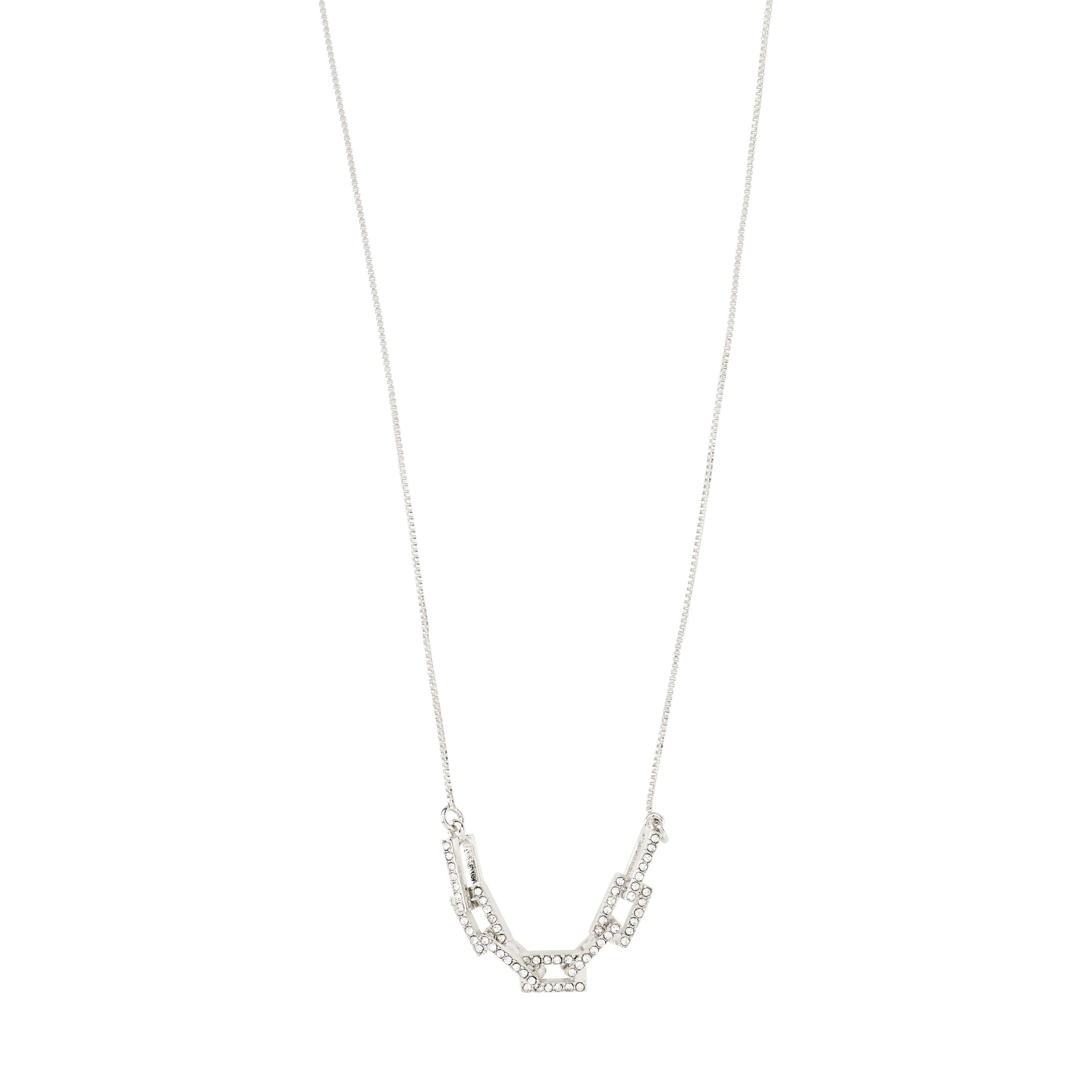 COBY crystal pendant necklace, silver-plated, featuring a slim chain with rectangular links adorned with Preciosa crystals, measuring 38 cm plus 9 cm extension.