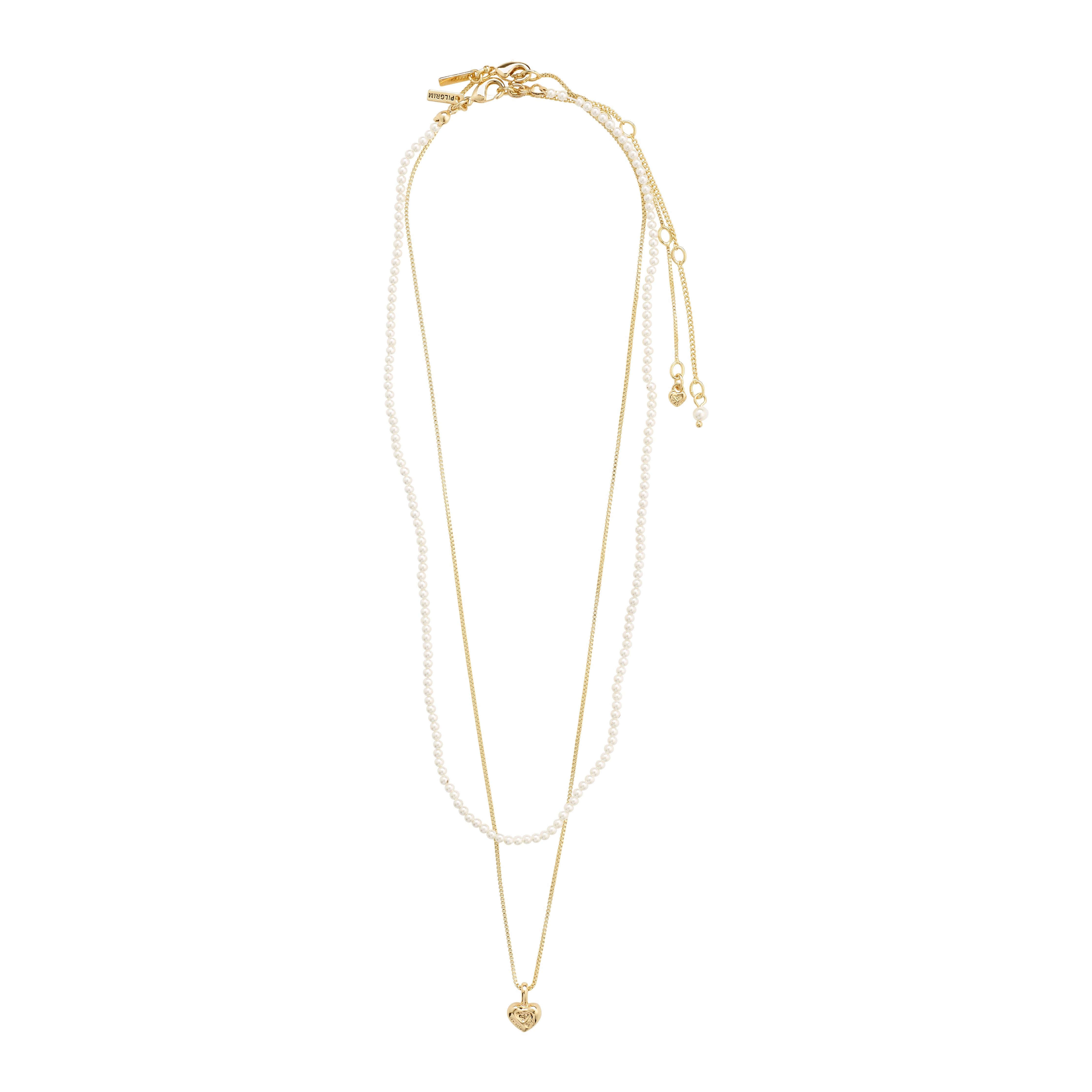 ARLET necklace 2-in-1 set, gold-plated, featuring a heart pendant chain and a pearl chain with white glass beads, ideal for layering.