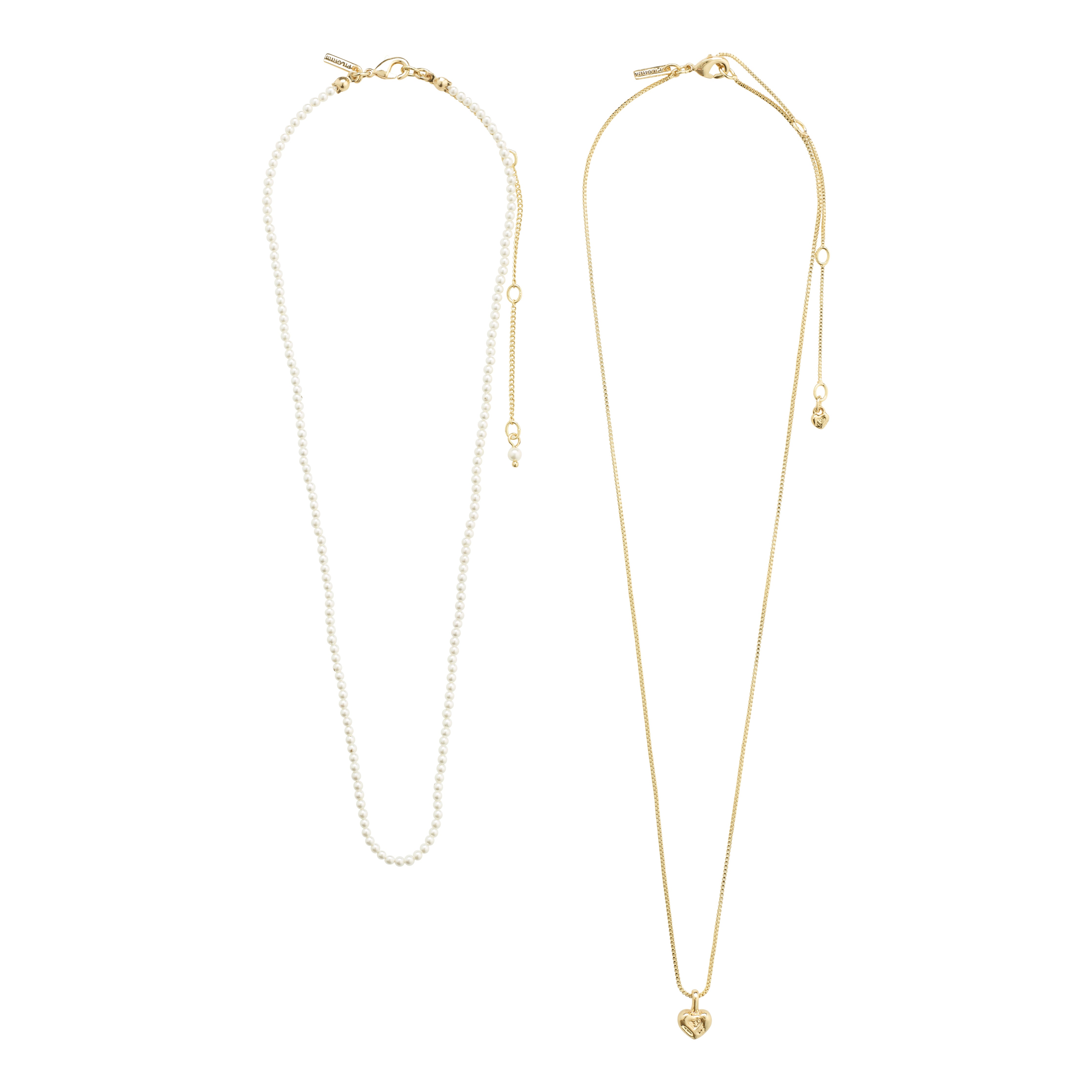 ARLET necklace 2-in-1 set, gold-plated, featuring a slim box chain with a heart pendant and a pearl necklace with white glass beads.