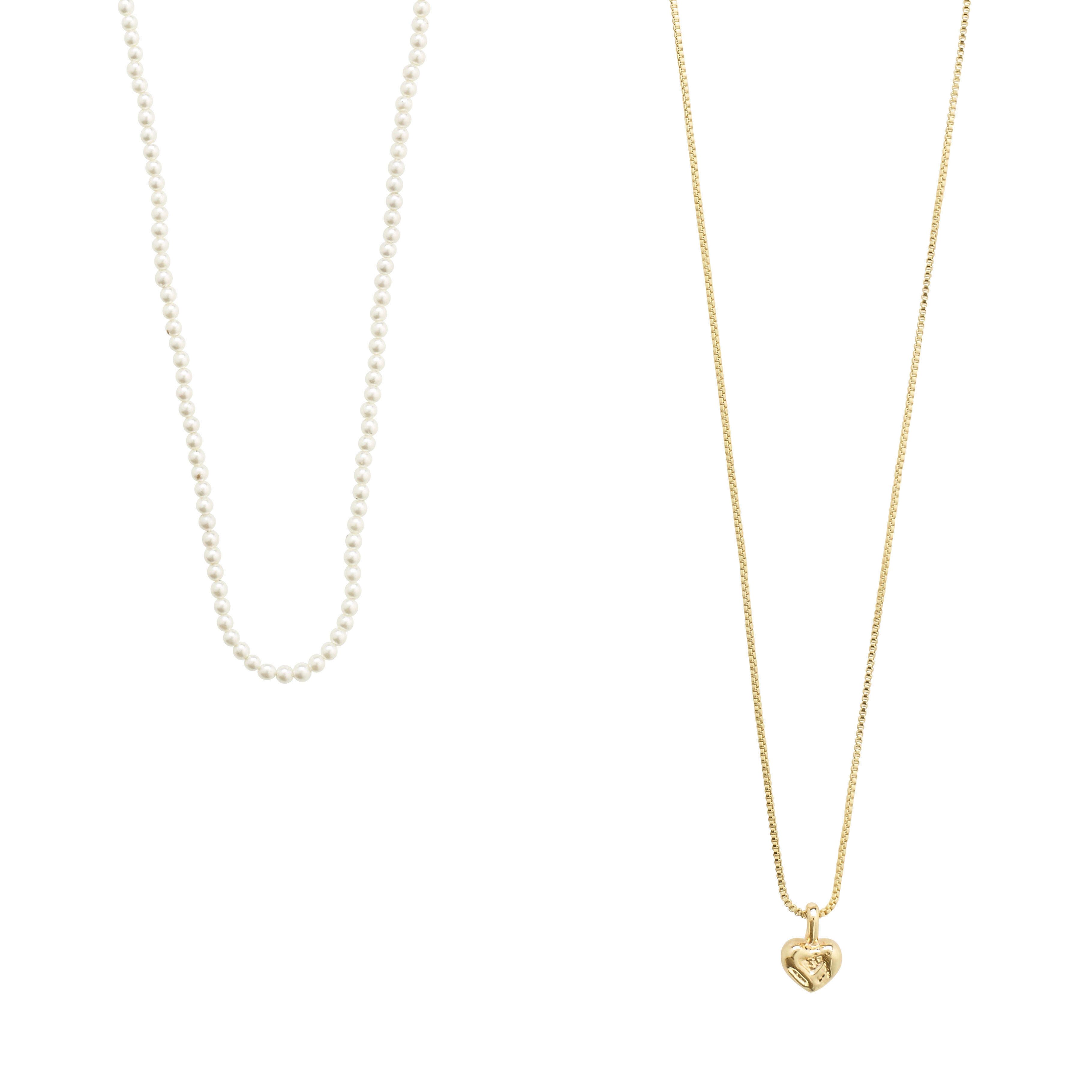 ARLET necklace 2-in-1 set: gold-plated box chain with heart pendant and a pearl necklace featuring delicate white glass beads, perfect for layering.