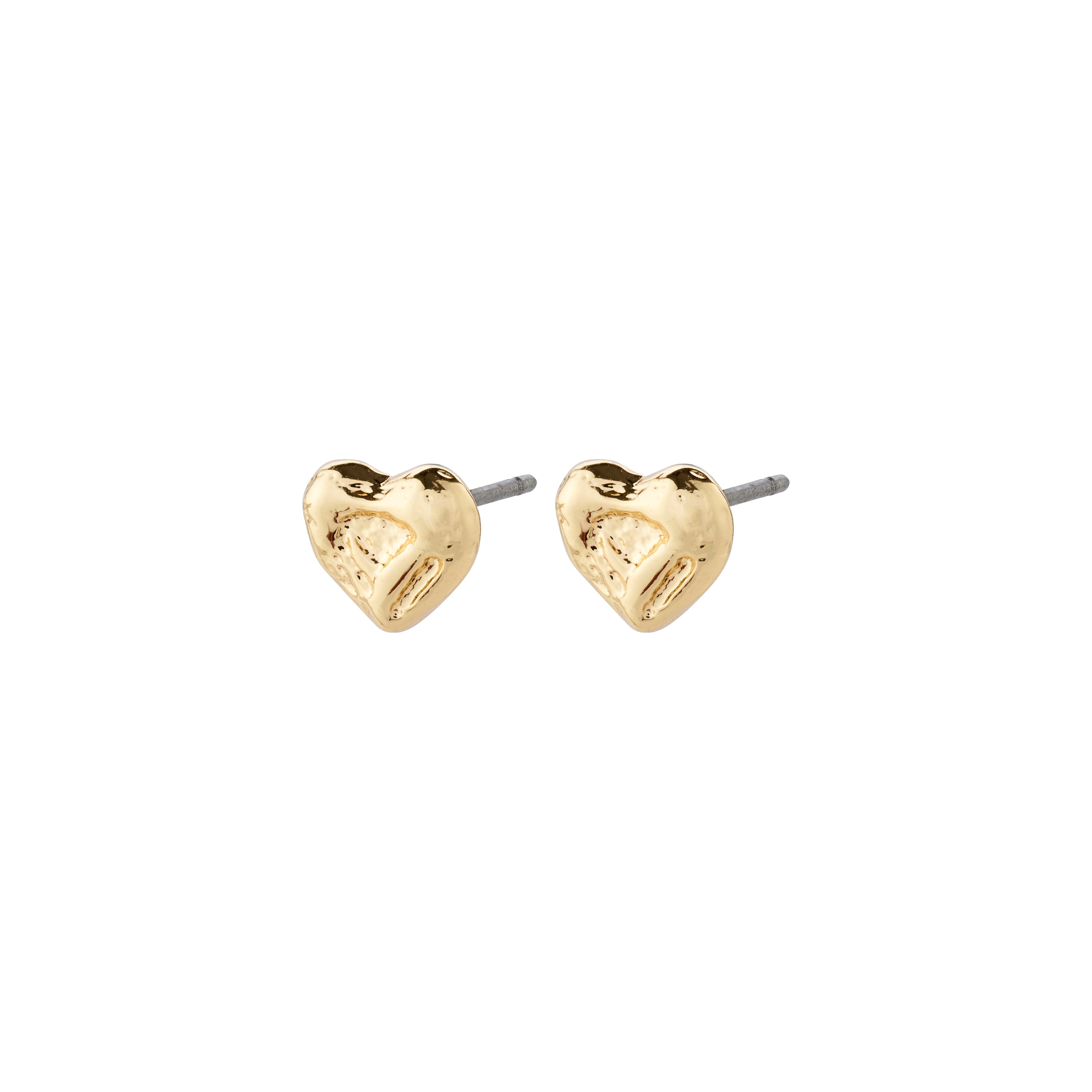 ARLET earrings, gold-plated heart-shaped studs by Pilgrim, showcasing a rustic design made from 75% recycled material, perfect for versatile styling.