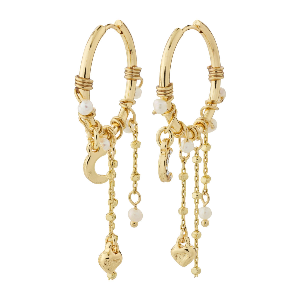 Gold-plated ARLET hoop earrings adorned with freshwater pearls, Preciosa crystals, moon pendants, and hearts, offering a romantic boho-lux vibe.