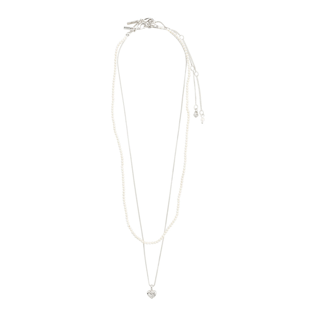 ARLET necklace 2-in-1 set, silver-plated, featuring a delicate heart pendant and pearl necklace, perfect for layering and versatile styling.