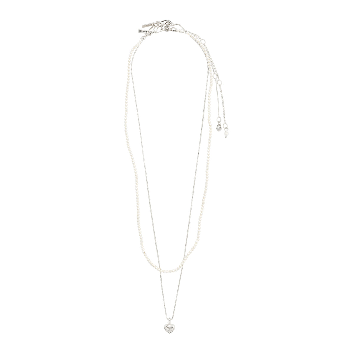 ARLET necklace 2-in-1 set, silver-plated, featuring a delicate heart pendant and pearl necklace, perfect for layering and versatile styling.