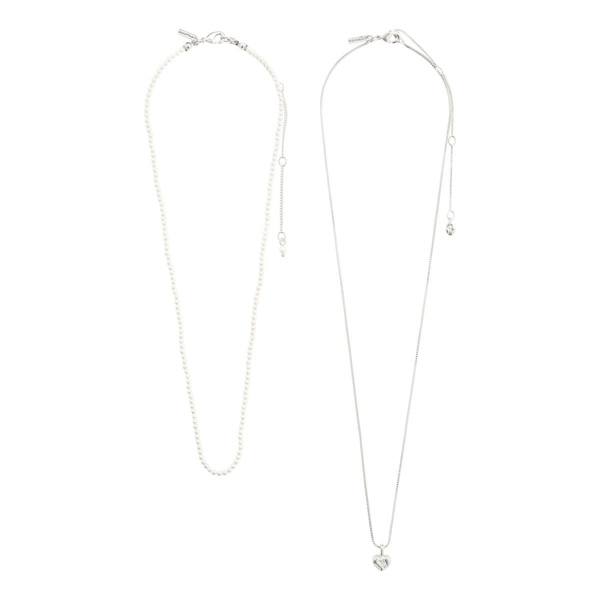 ARLET necklace 2-in-1 set, featuring a silver-plated chain with heart pendant and a pearl necklace, showcased on a white background.