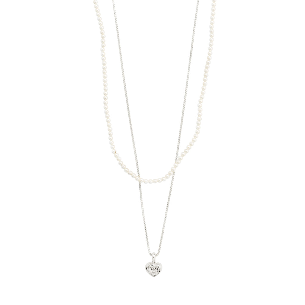 ARLET necklace 2-in-1 set, silver-plated, featuring a heart pendant on a slim chain and a pearl necklace, perfect for layered styling.