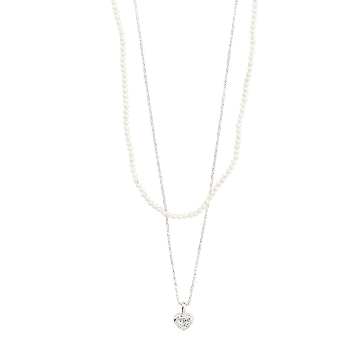 ARLET necklace 2-in-1 set, silver-plated, featuring a heart pendant on a slim chain and a pearl necklace, perfect for layered styling.