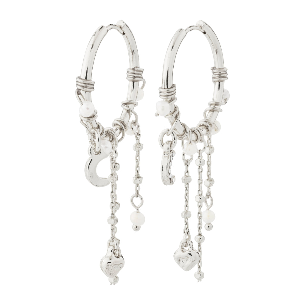 ARLET silver-plated hoop earrings adorned with freshwater pearls, Preciosa crystals, moon pendants, and heart charms, offering a romantic boho-lux style.