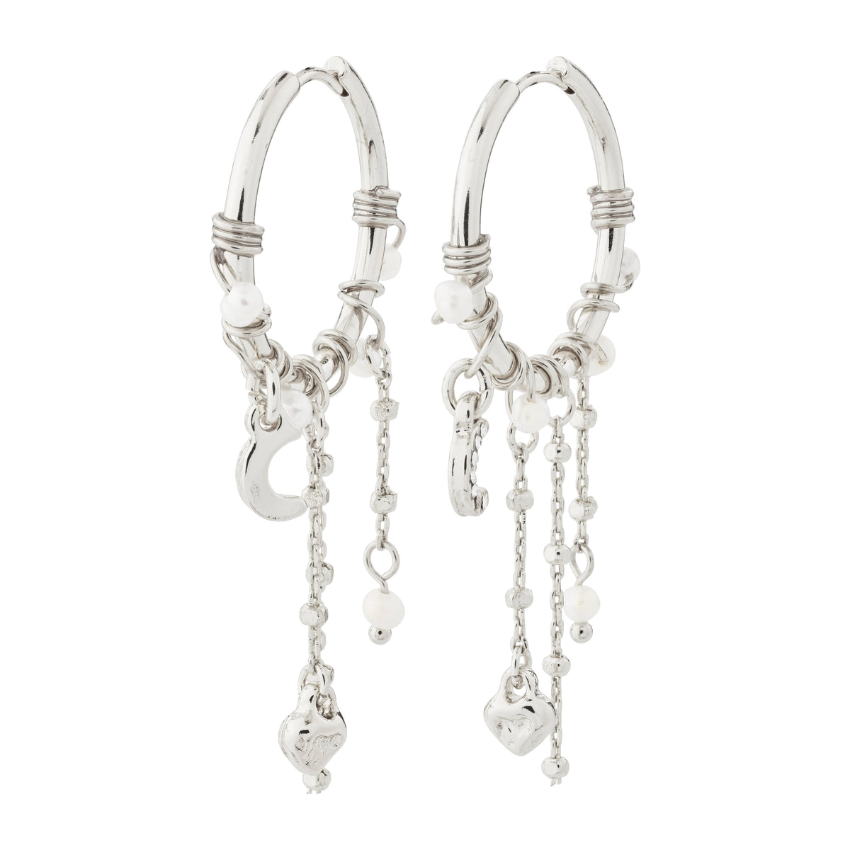ARLET silver-plated hoop earrings adorned with freshwater pearls, Preciosa crystals, moon pendants, and heart charms, offering a romantic boho-lux style.