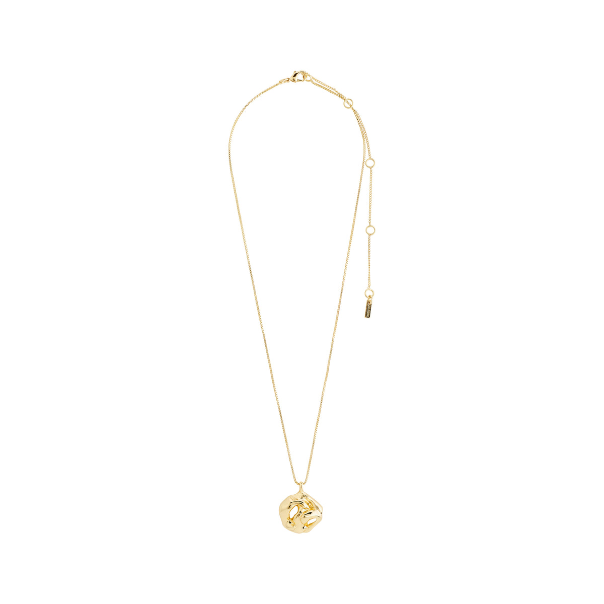 LUCA necklace gold-plated with a round, polished pendant featuring a unique melting shape on a gold chain, crafted from recycled materials by Pilgrim.