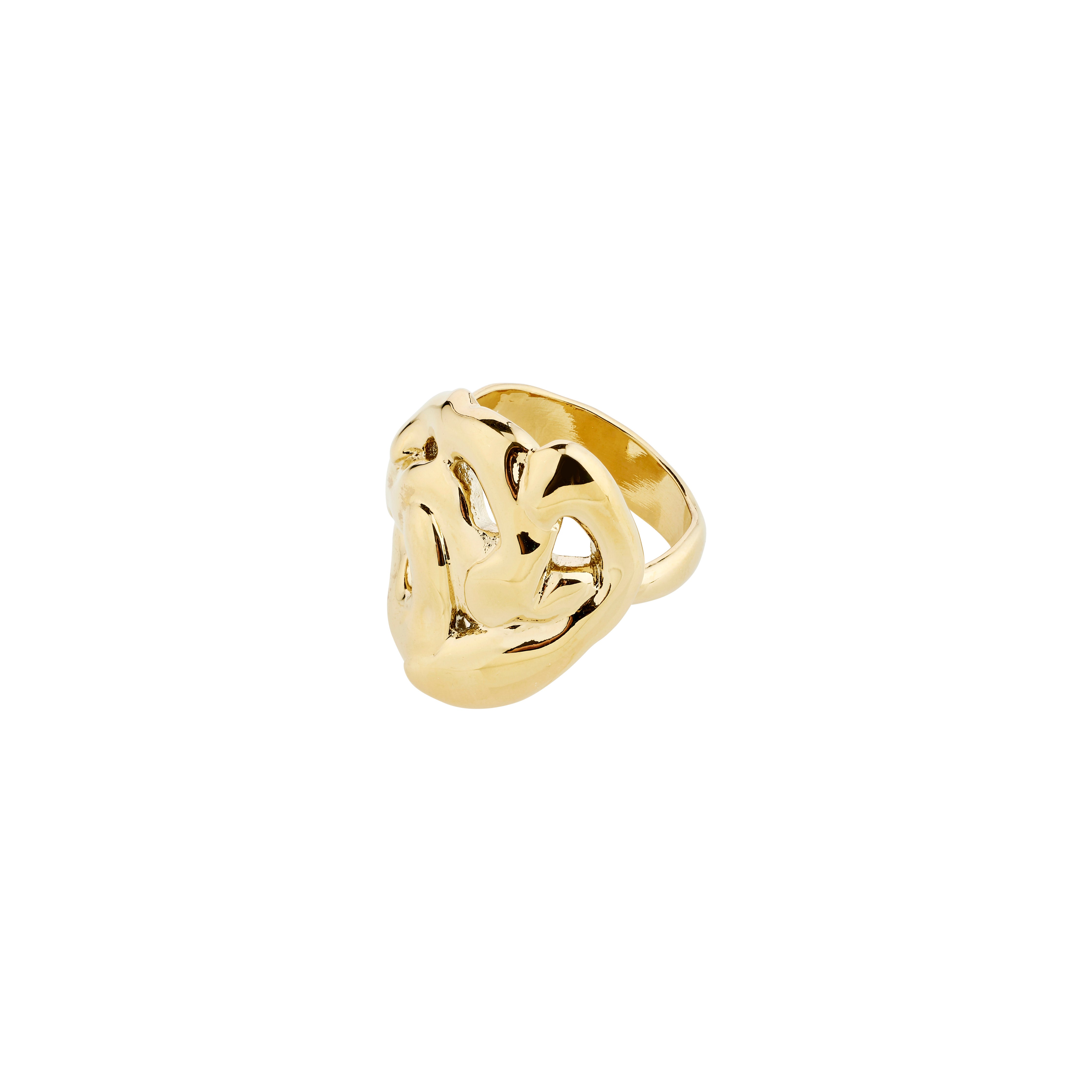 Gold-plated LUCA ring featuring a unique face design with organic, melting shapes, embodying a handcrafted bohemian style from Pilgrim. Adjustable for a personalized fit.
