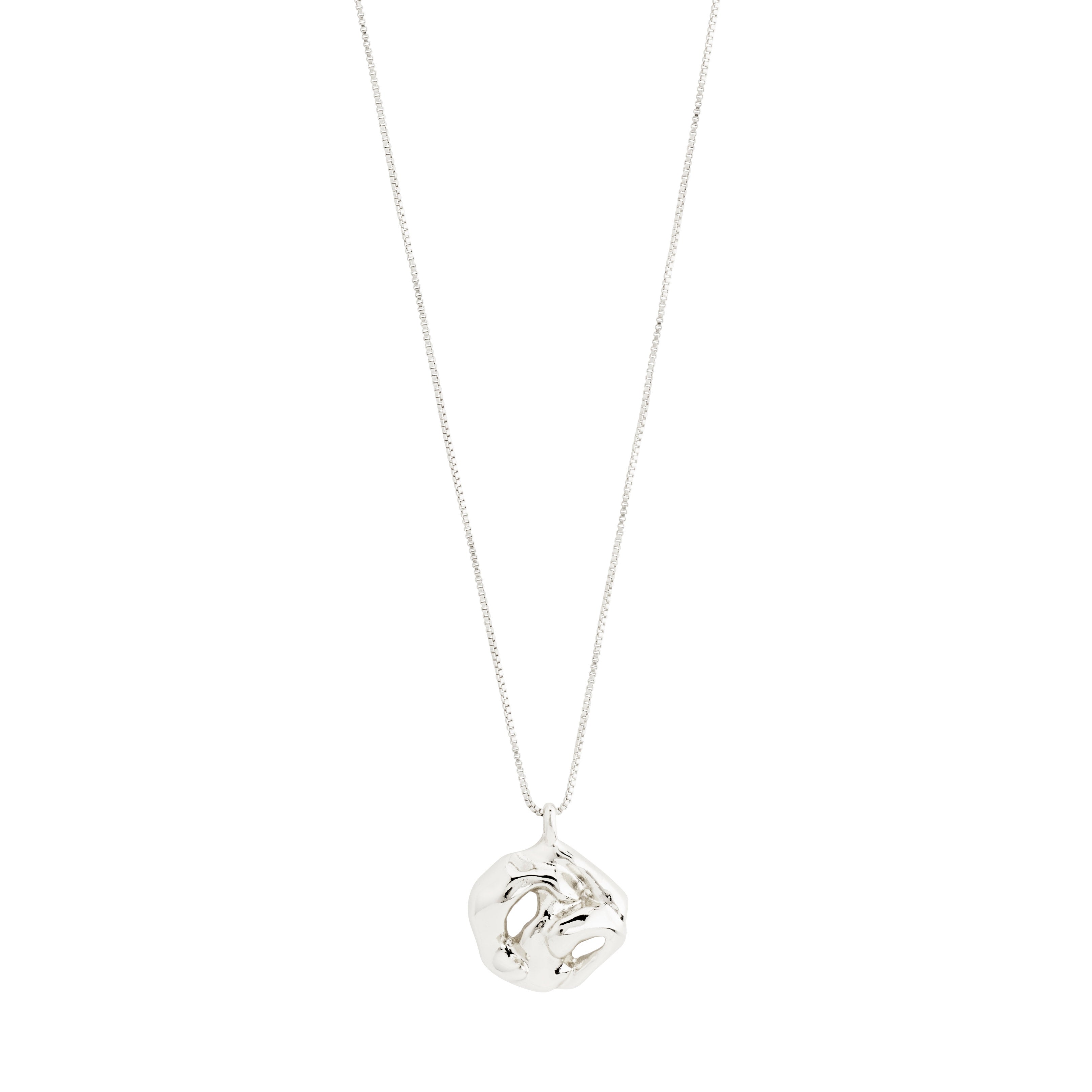 LUCA necklace, silver-plated, featuring a round pendant with an organic melting shape, crafted from recycled materials, ideal for adding a unique touch to outfits.