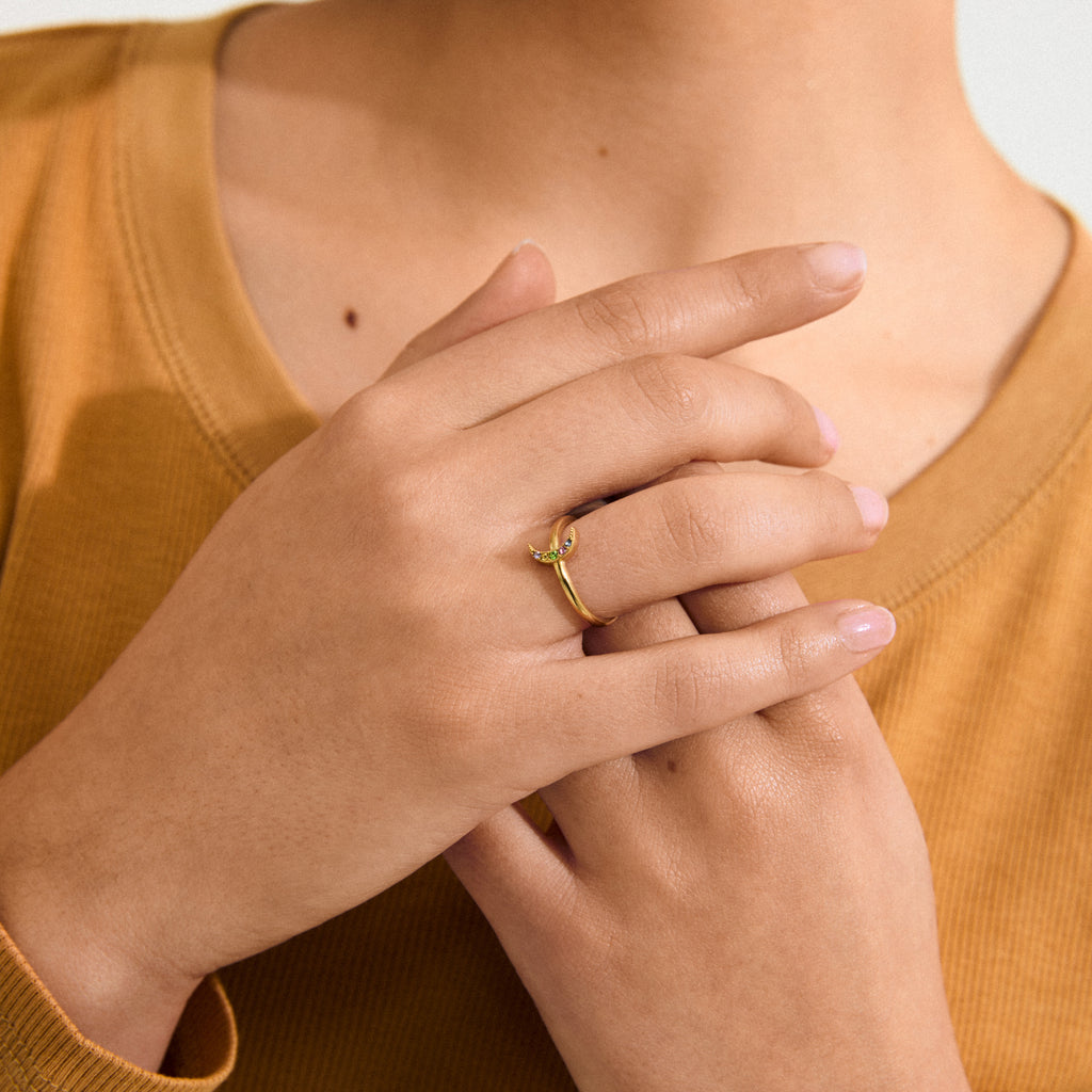 LULU moon stack ring gold-plated, featuring a sparkling half-moon adorned with crystals, embodying nighttime magic and symbolizing new beginnings, perfect for a solo or stacked look.