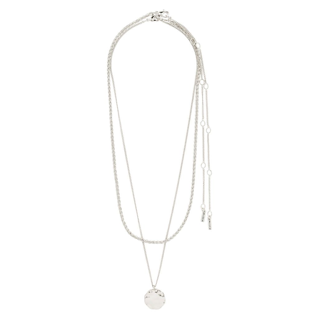 DECLAN necklace 2-in-1 set, silver-plated, featuring a braided chain and a coin-chain with a rustic pendant, ideal for layering or minimalist style.