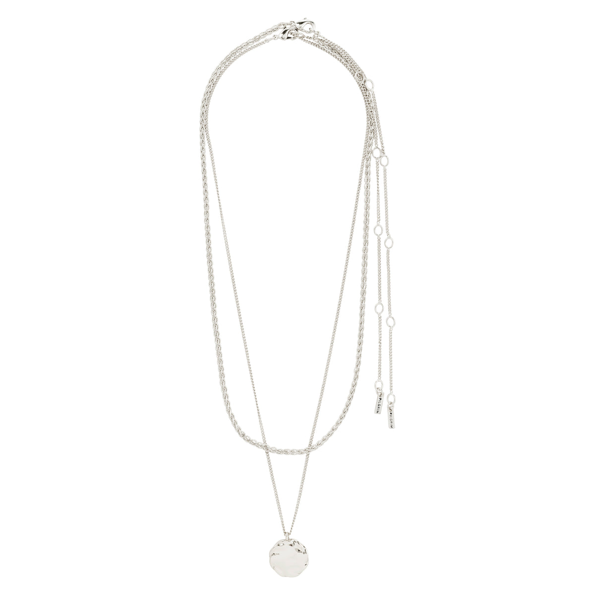 DECLAN necklace 2-in-1 set, silver-plated, featuring a braided chain and a coin-chain with a rustic pendant, ideal for layering or minimalist style.