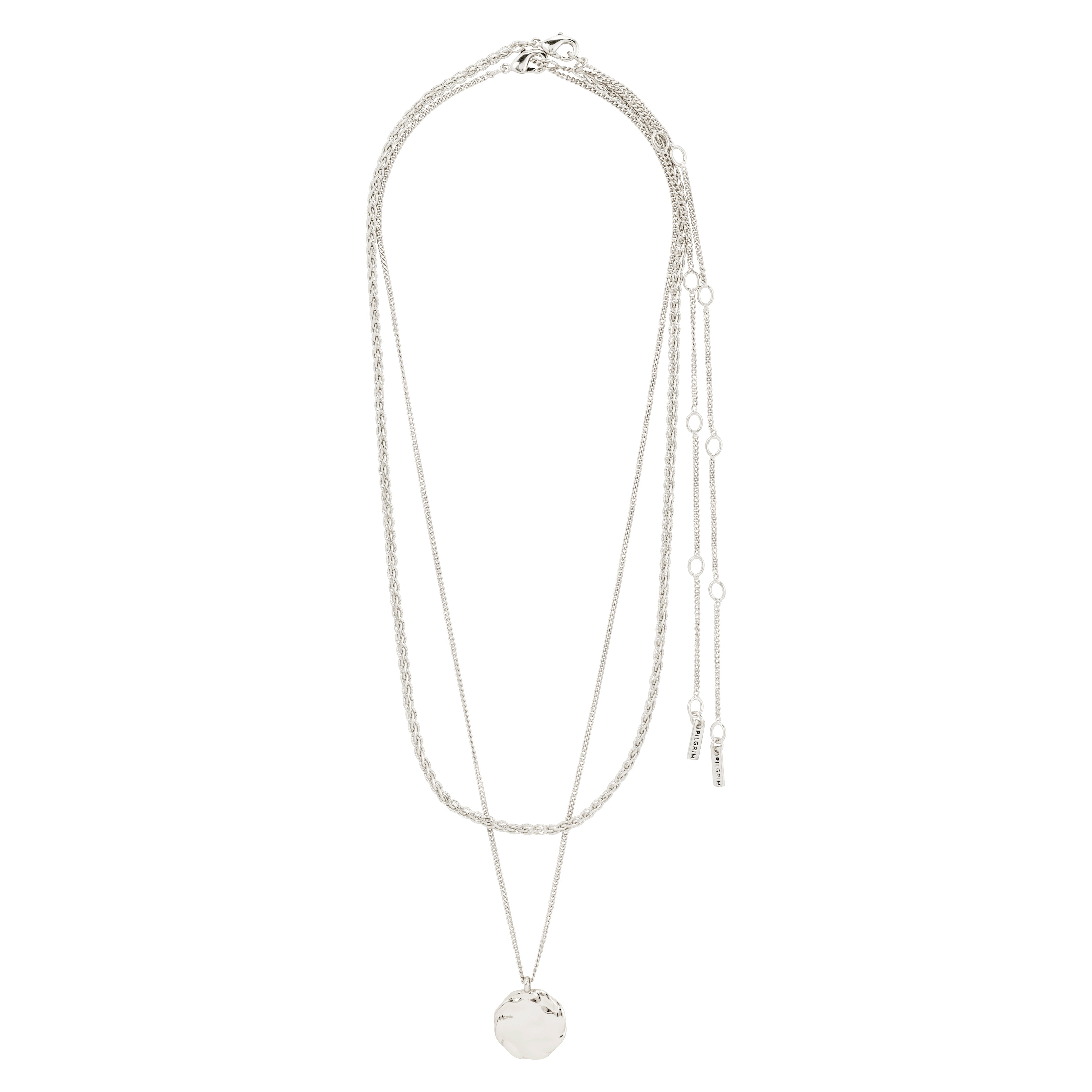 DECLAN necklace 2-in-1 set, silver-plated, featuring a braided chain and a coin-chain with a rustic pendant, ideal for layering or minimalist style.