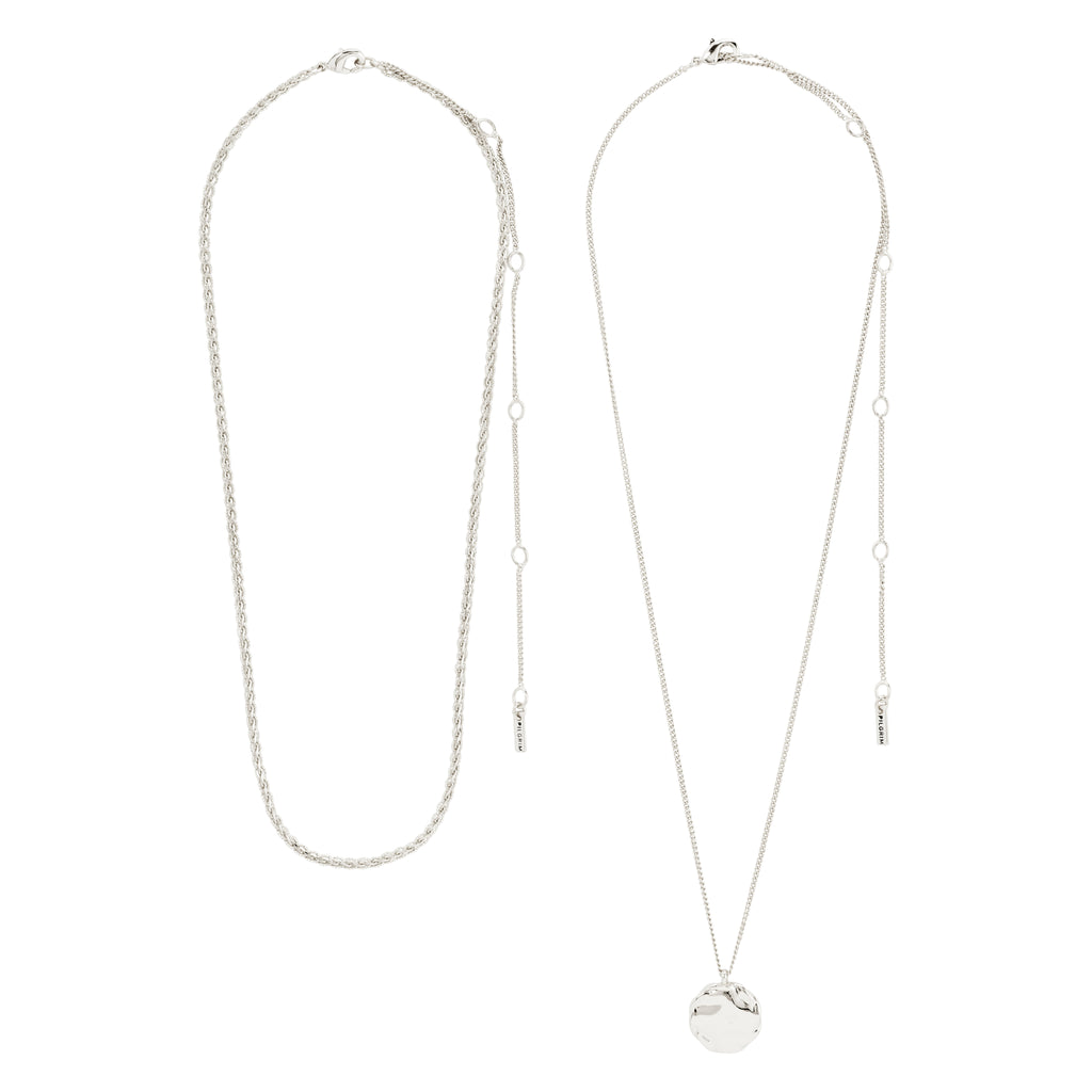 DECLAN necklace 2-in-1 set, silver-plated, featuring a braided chain and a coin-chain with a rustic pendant, perfect for trendy layering or minimalist style.
