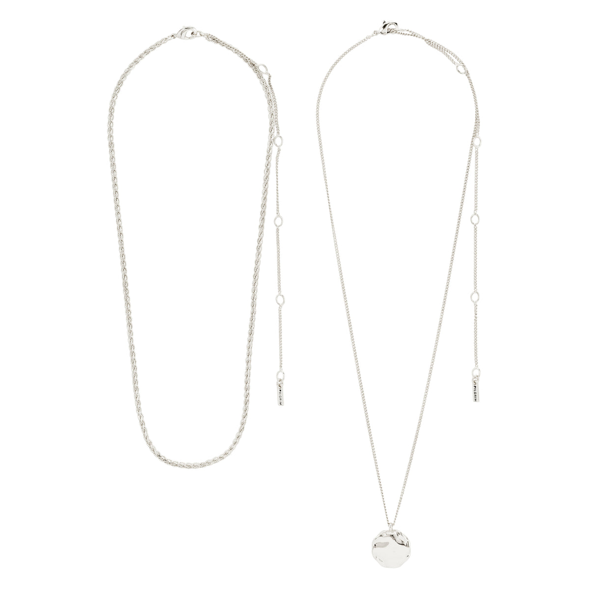 DECLAN necklace 2-in-1 set, silver-plated, featuring a braided chain and a coin-chain with a rustic pendant, perfect for trendy layering or minimalist style.