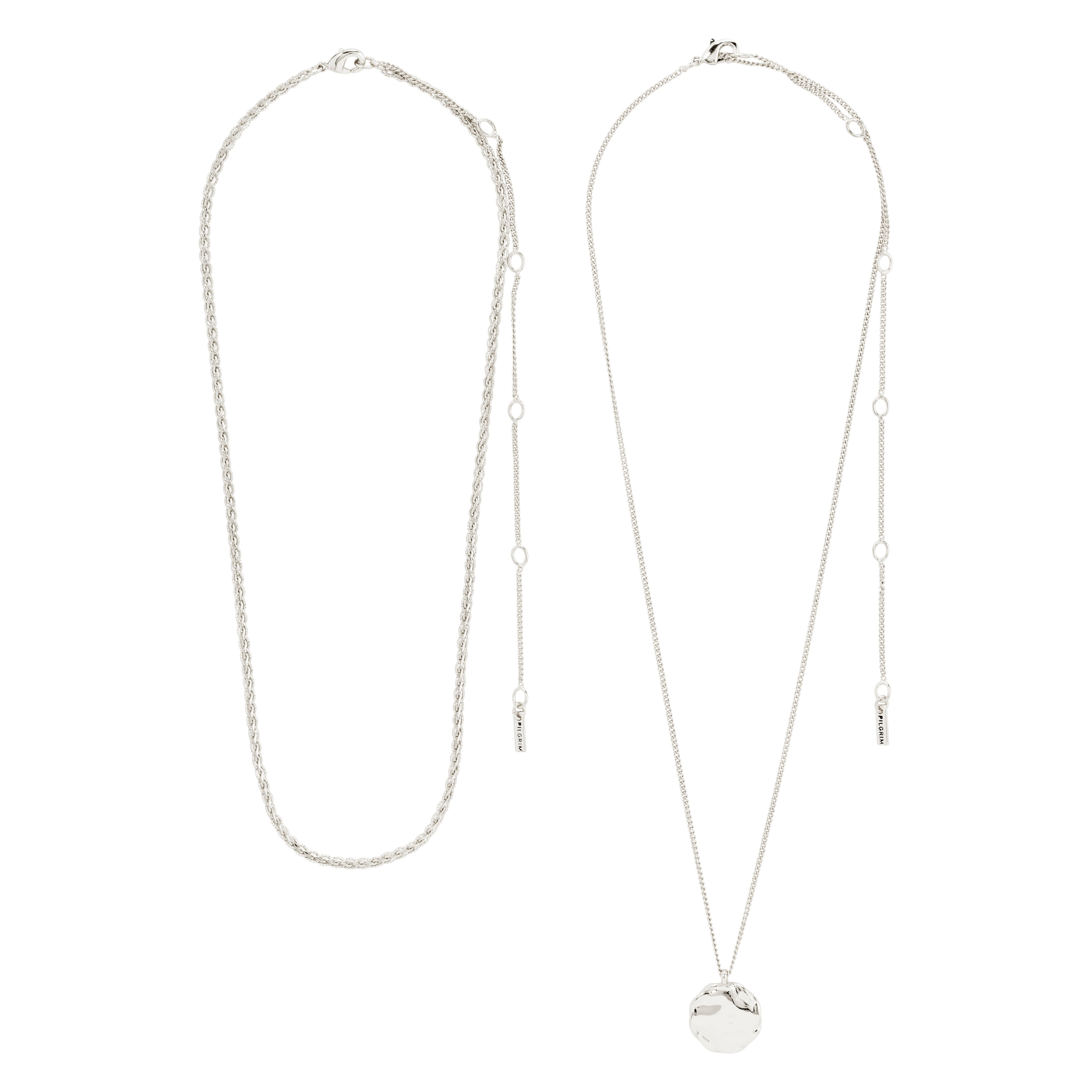 DECLAN necklace 2-in-1 set, silver-plated, featuring a braided chain and a coin-chain with a rustic pendant, perfect for trendy layering or minimalist style.