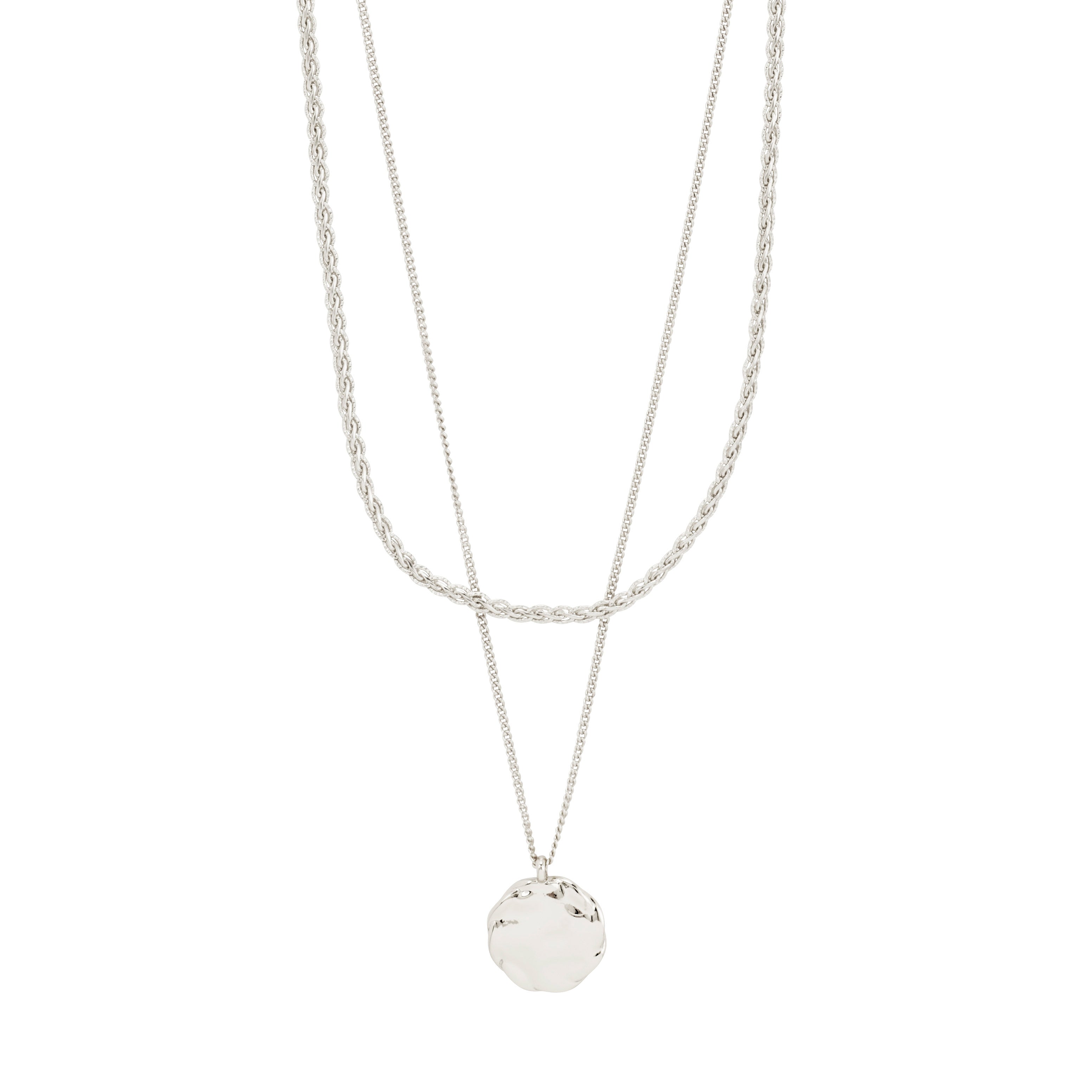 DECLAN necklace 2-in-1 set, silver-plated, featuring a braided chain and coin-chain with a pendant. Perfect for layered or minimalist styles. Crafted from recycled materials.