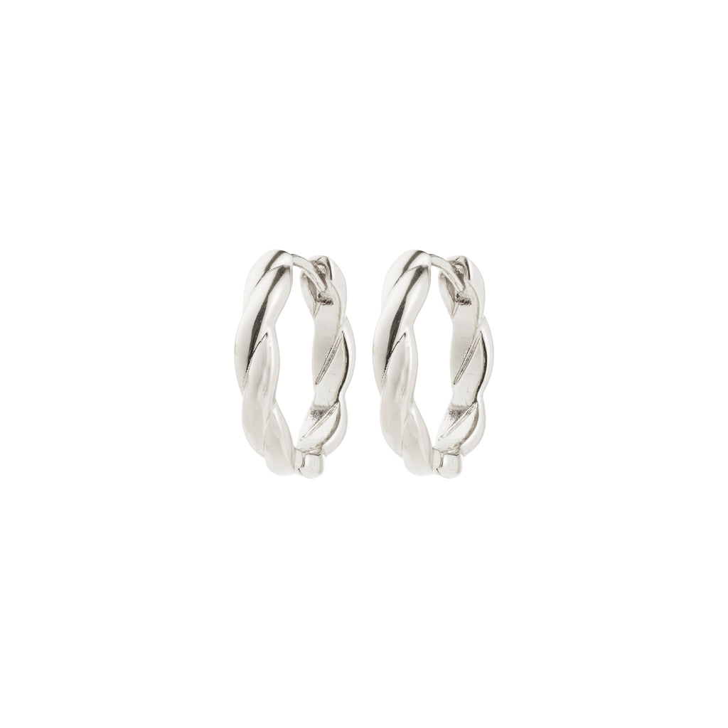 Silver-plated DECLAN hoop earrings with twisted details and click clasps, crafted from 99% recycled materials, offering a timeless, stylish touch to any outfit.