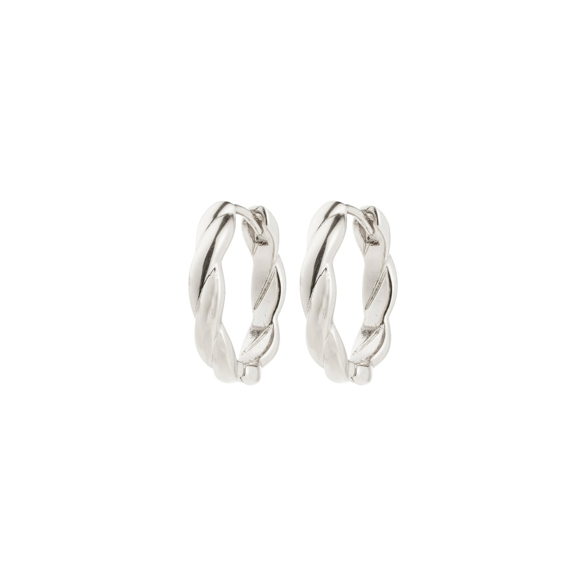 Silver-plated DECLAN hoop earrings with twisted details and click clasps, crafted from 99% recycled materials, offering a timeless, stylish touch to any outfit.