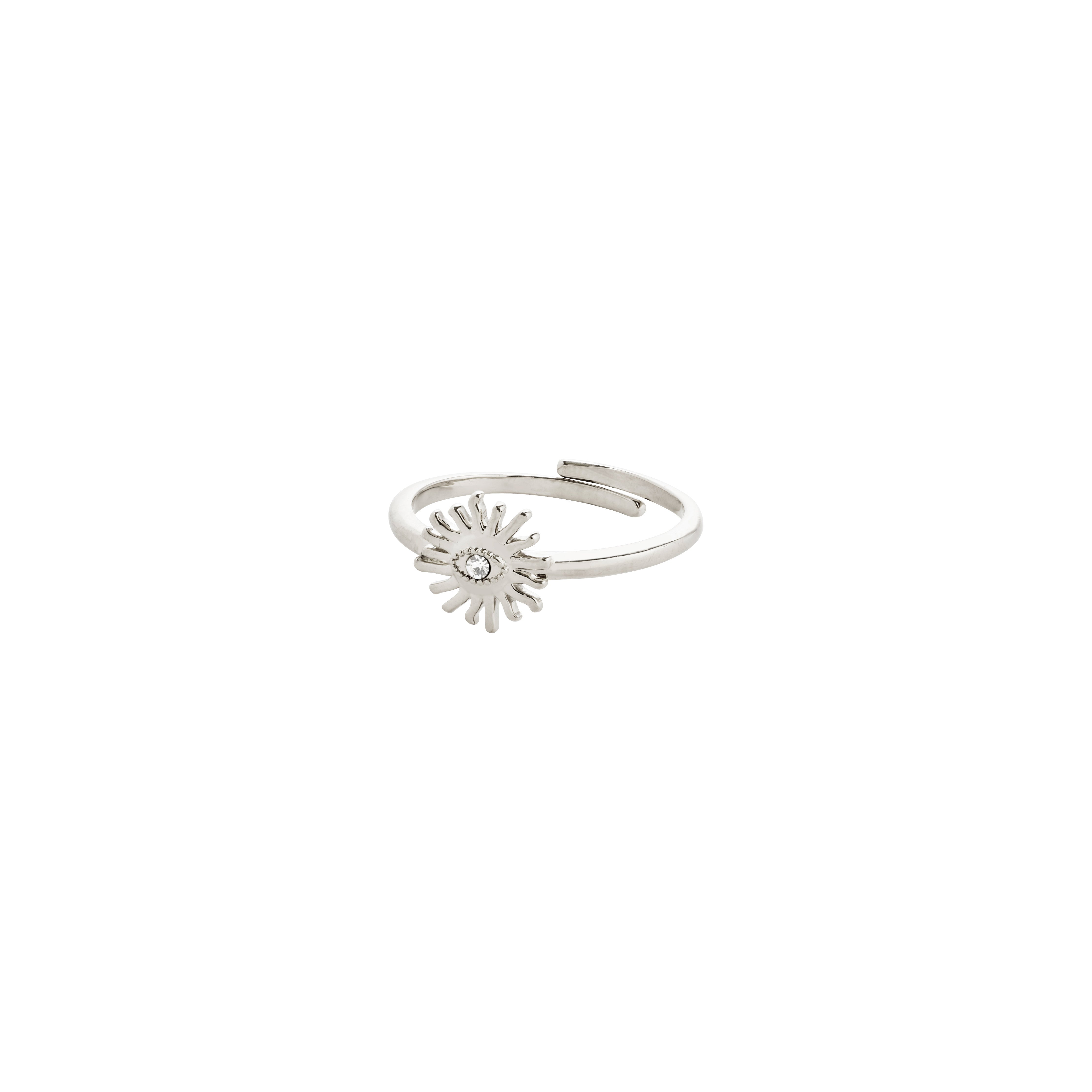 LULU sun stack ring, silver-plated, featuring a radiant sun with a central eye and crystal, embodying energy and mystery. Made from 98% recycled material by Pilgrim.