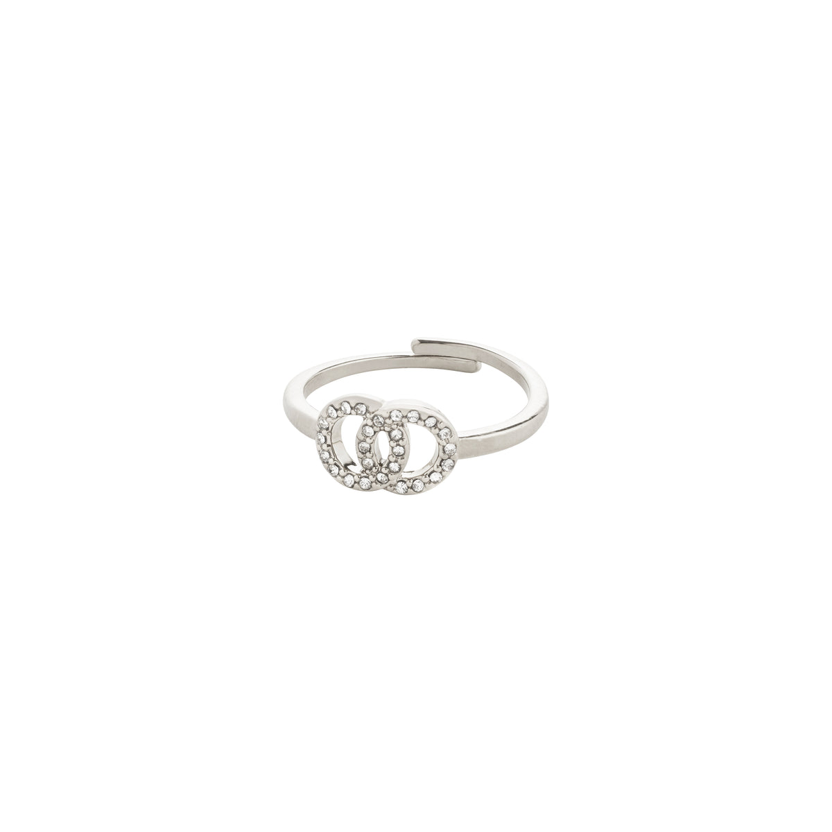 Silver-plated LULU halos stack ring with two crystal-adorned circles, symbolizing connection and balance, perfect for a chic, sophisticated look.
