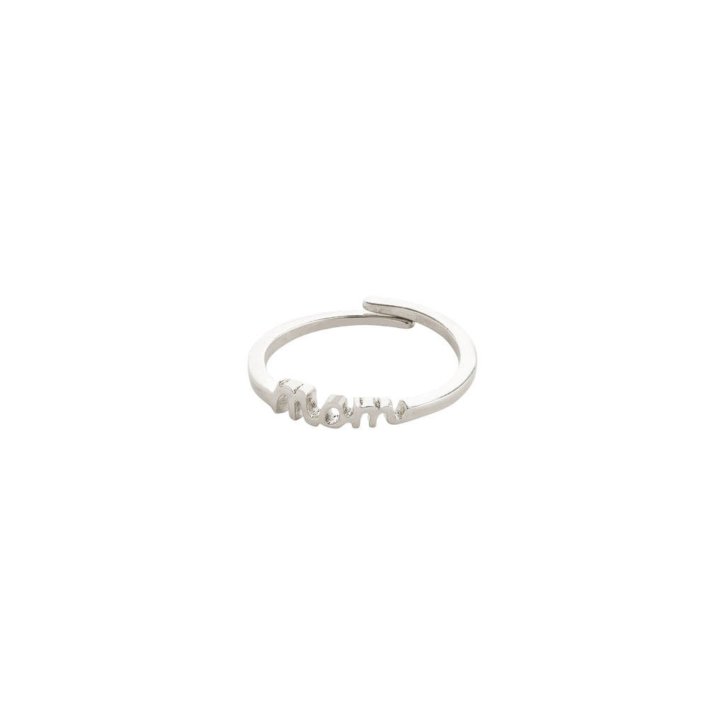 LULU mom stack ring, silver-plated, with 'Mom' inscribed, celebrates love and family. A simple, meaningful gift crafted from 99% recycled material.