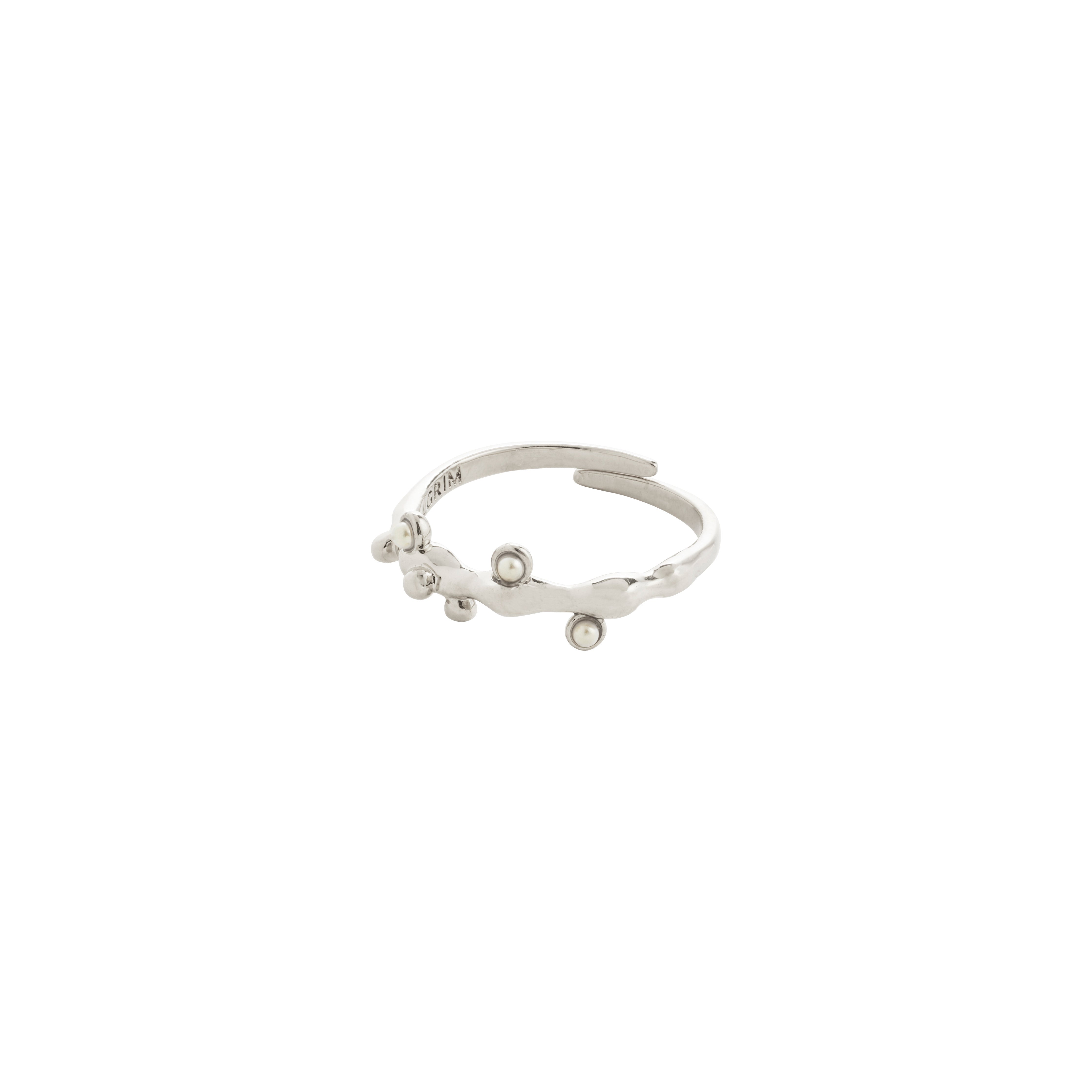 Silver-plated Lulu magic stack ring with mother-of-pearl beads, resembling dewdrops on a twig, crafted from 98% recycled materials for an enchanting, eco-friendly style.